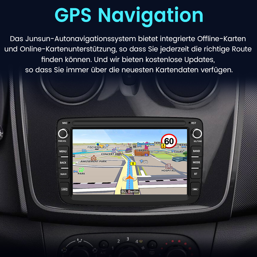 Ein Navigationssystem im Auto zeigt eine Karte mit der Route nach Berlin an.