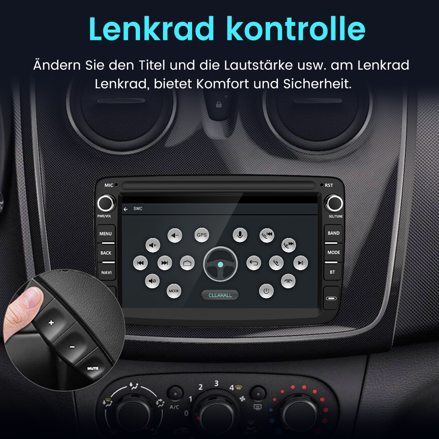 Autoinnenraum mit Navi-Bildschirm und Lenkrad-Bedienelementen.