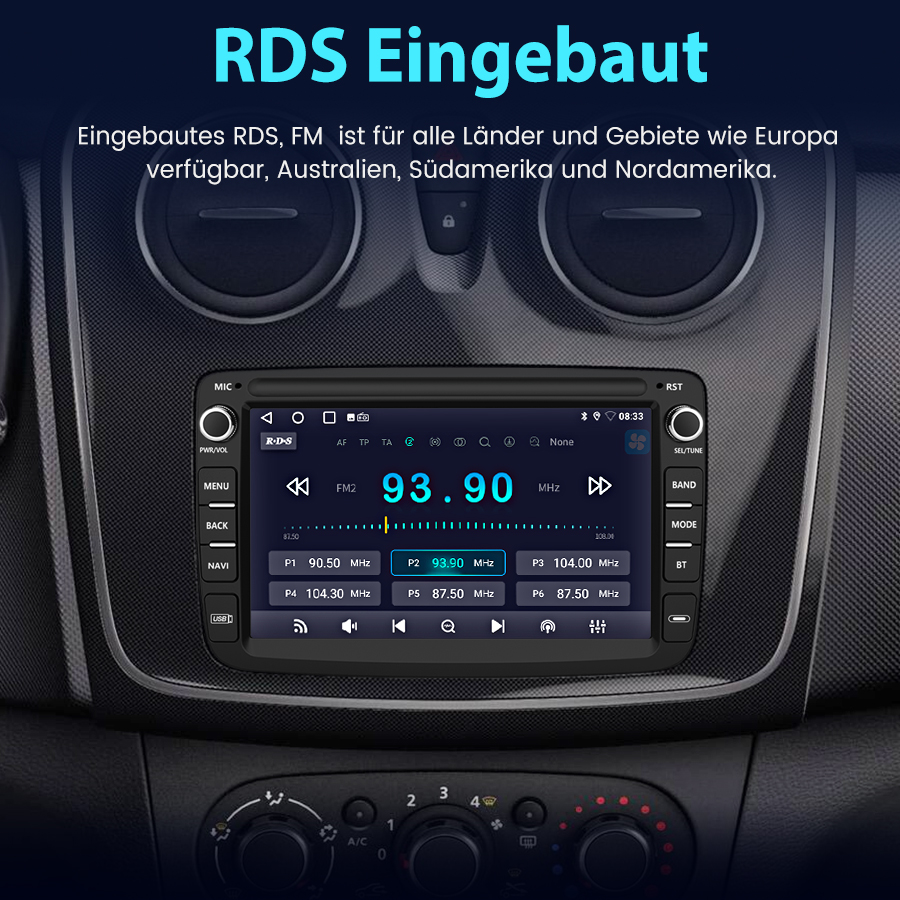 Einbau-RDS-FM-Radio im Auto mit digitaler Anzeige von 93.90 MHz.