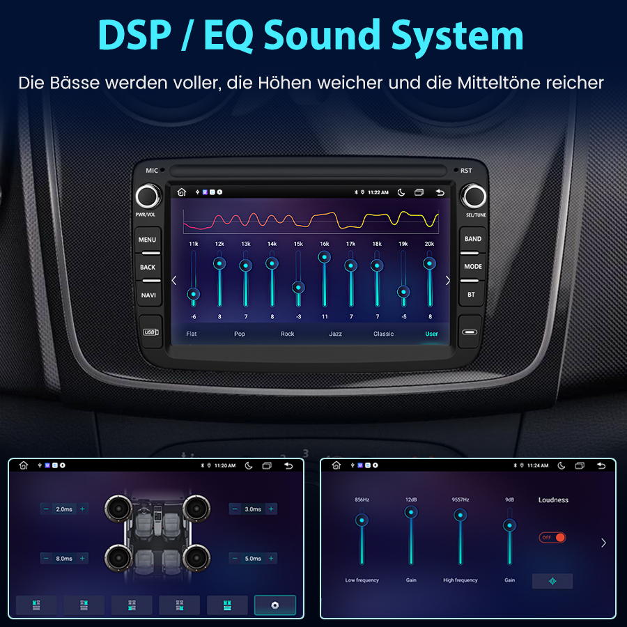 DSP/EQ-System mit Equalizer-Einstellungen und Lautstärkeregelung.