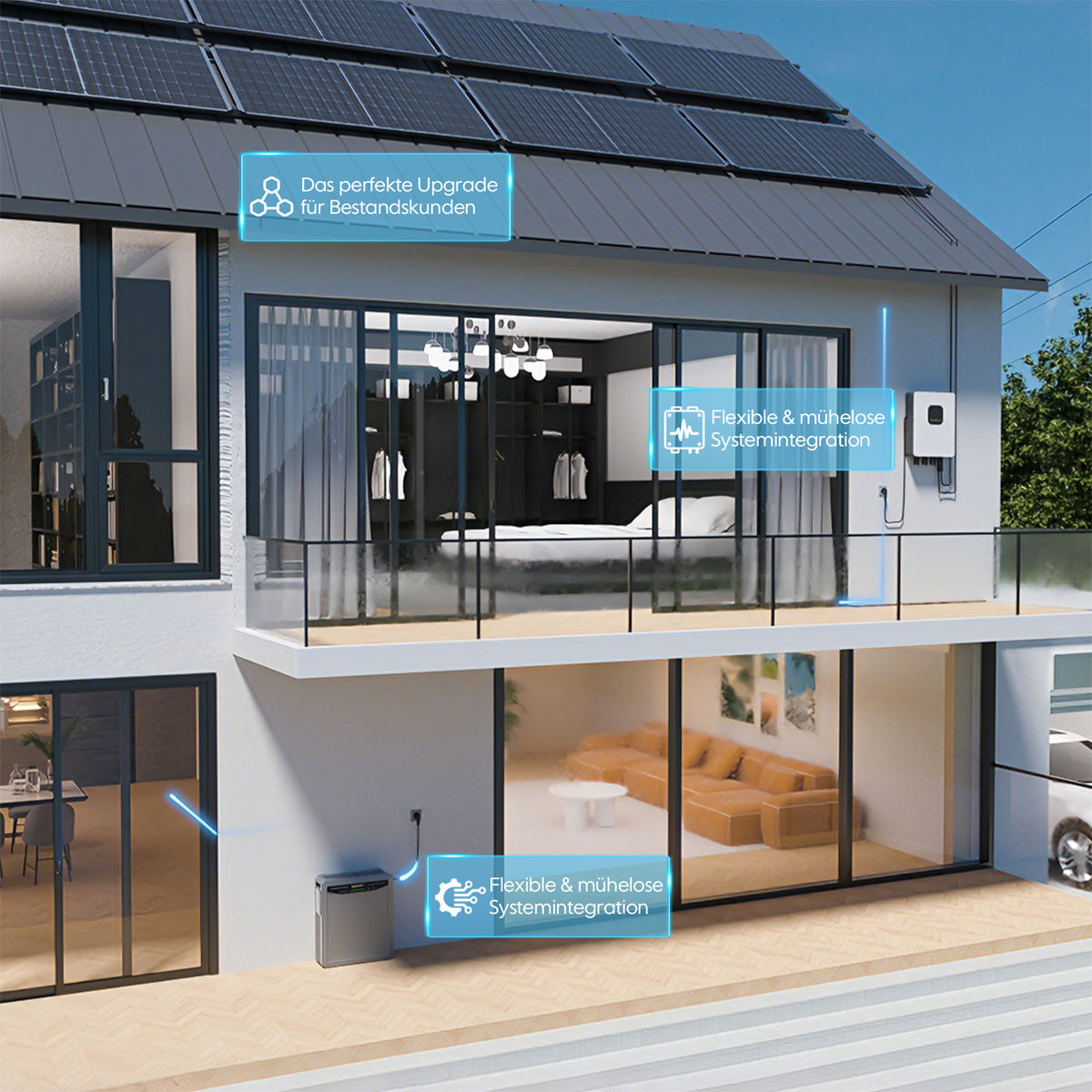 Haus mit Solaranlage, Balkon und Wohnräumen. Technik integriert.