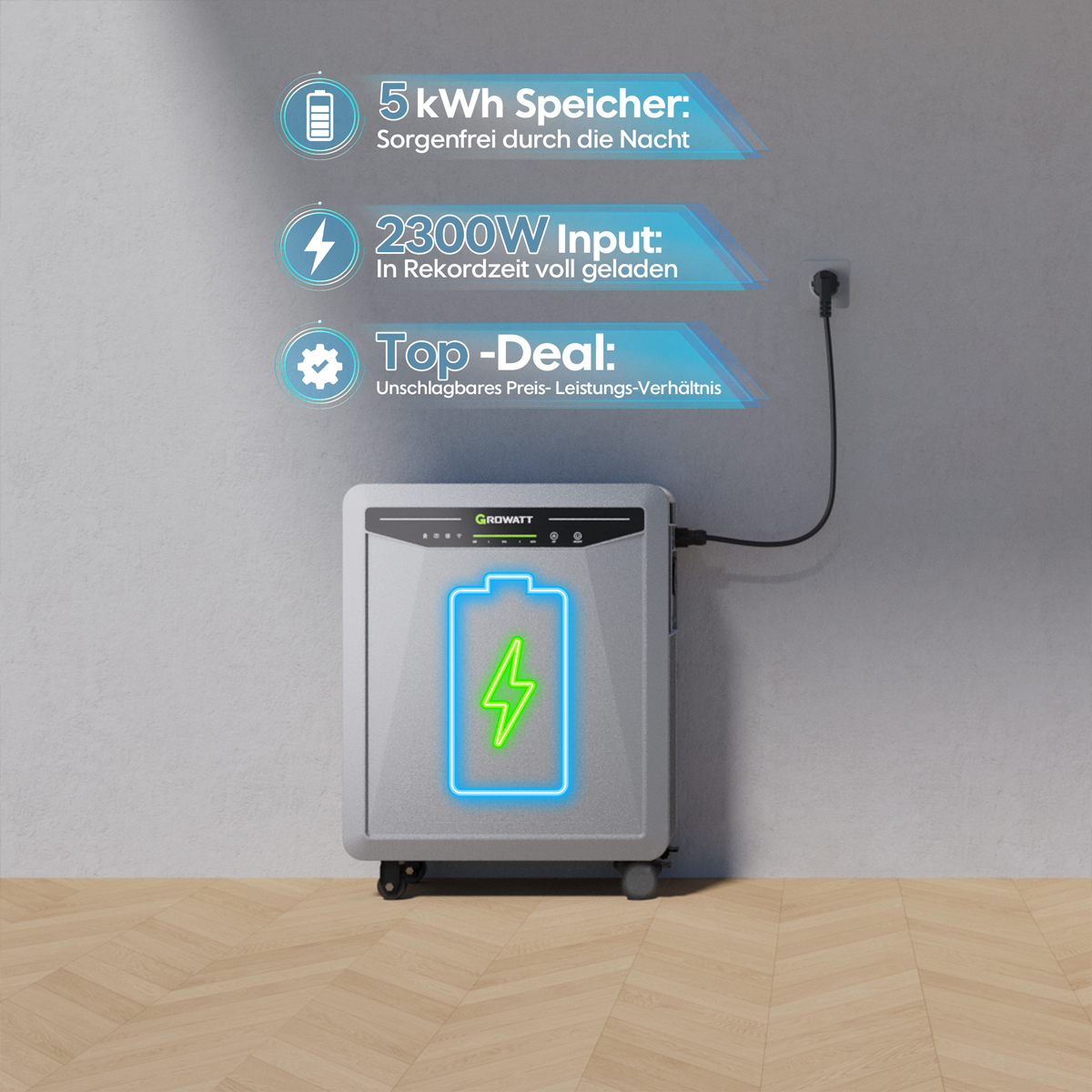 Growatt Speicher: 5kWh, 2300W Input, Top-Deal. Auf Rädern stehend.