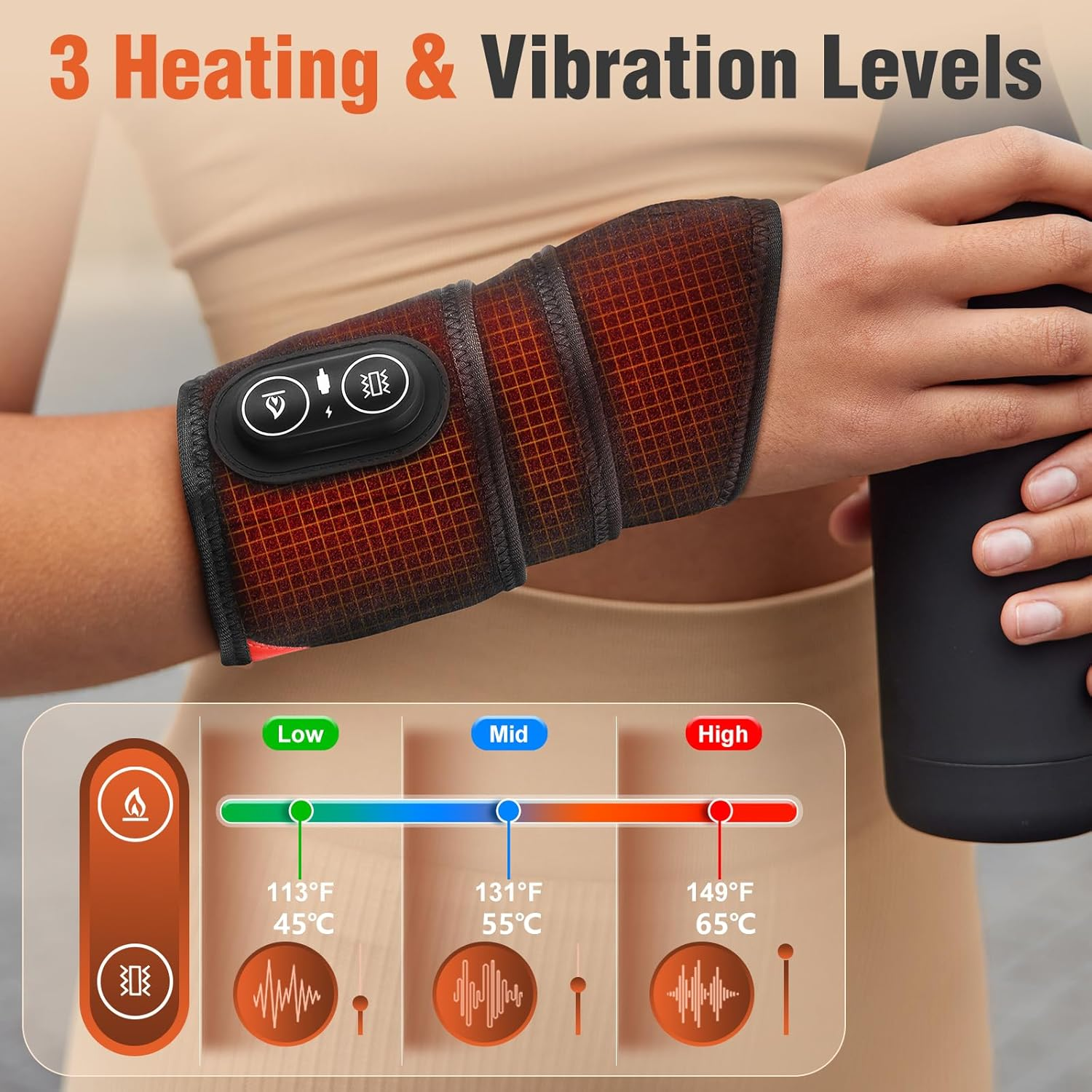 Eine Handgelenkbandage zeigt 3 Heiz- und Vibrationsstufen mit Temperaturen an.