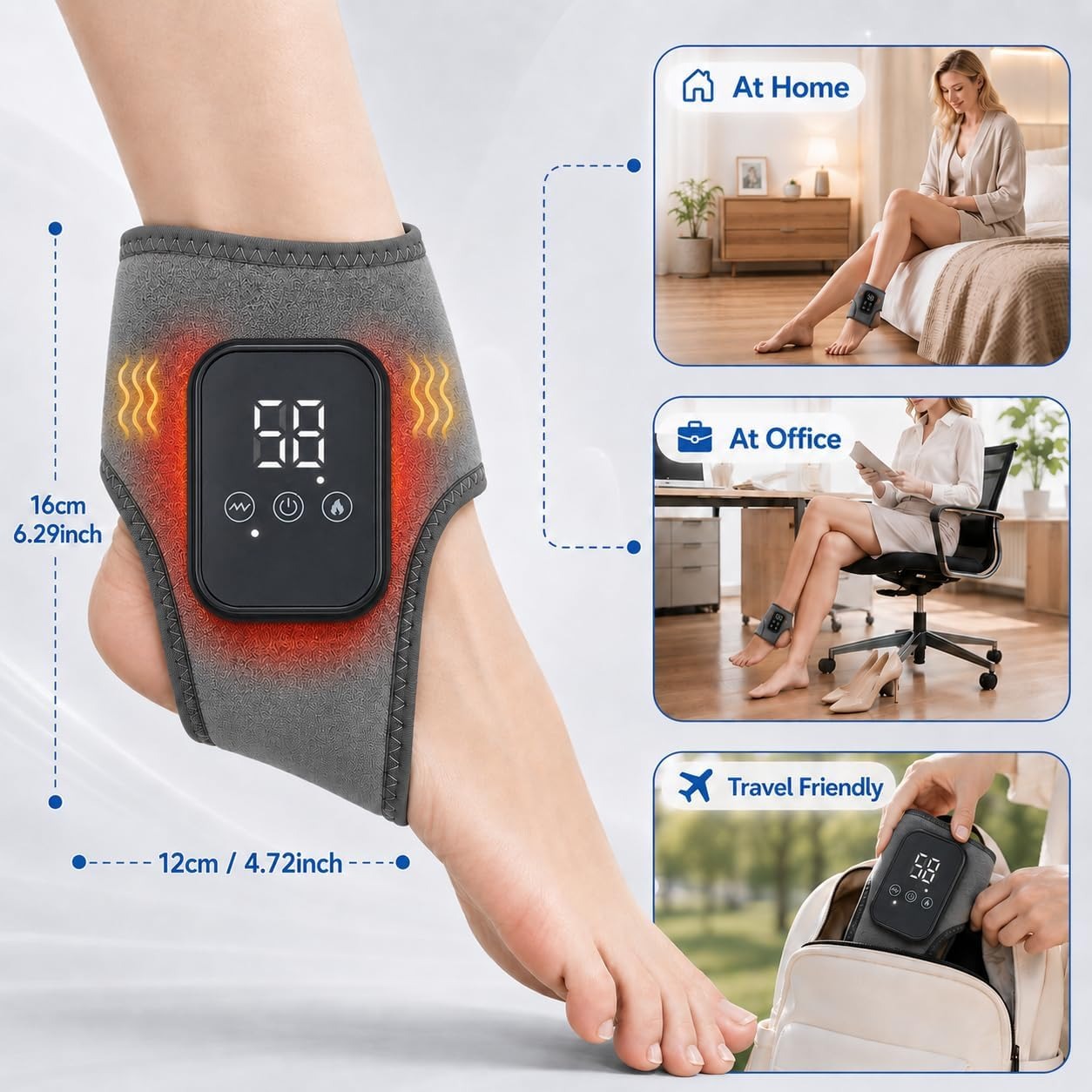 Ein grauer Knöchelwickel mit digitalem Display, der zu Hause, im Büro und auf Reisen verwendet wird.