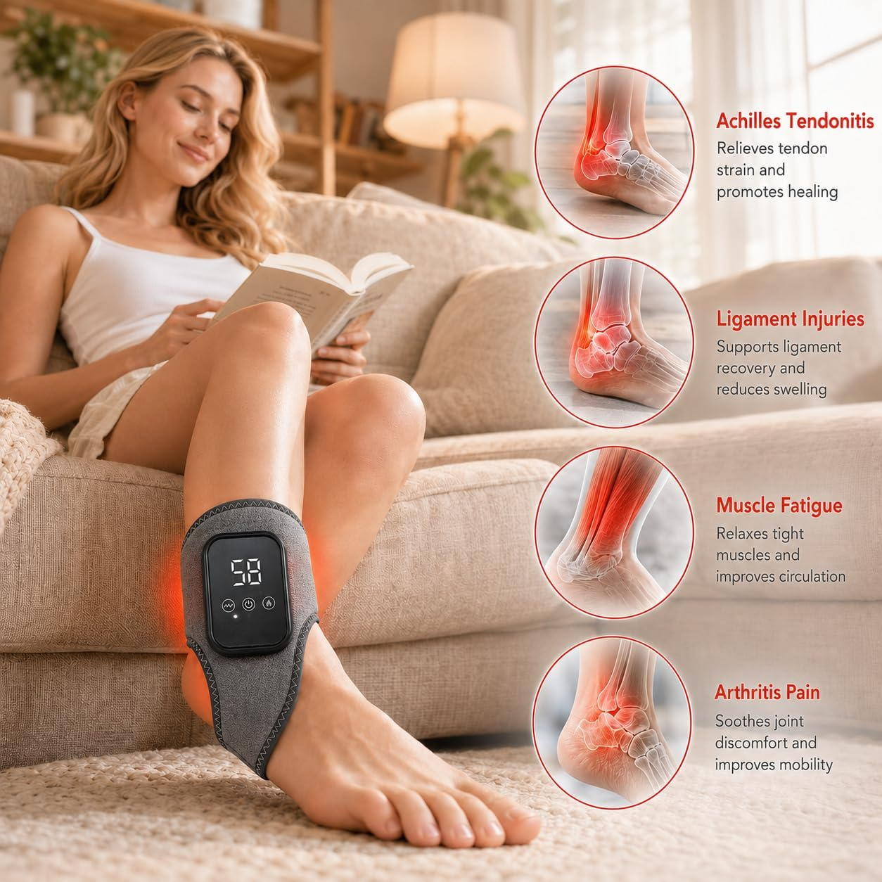 Frau liest auf Couch mit Knöchelbandage. Diagramme zeigen Achillessehne, Bänder, Muskeln, Arthritis-Schmerzlinderung.
