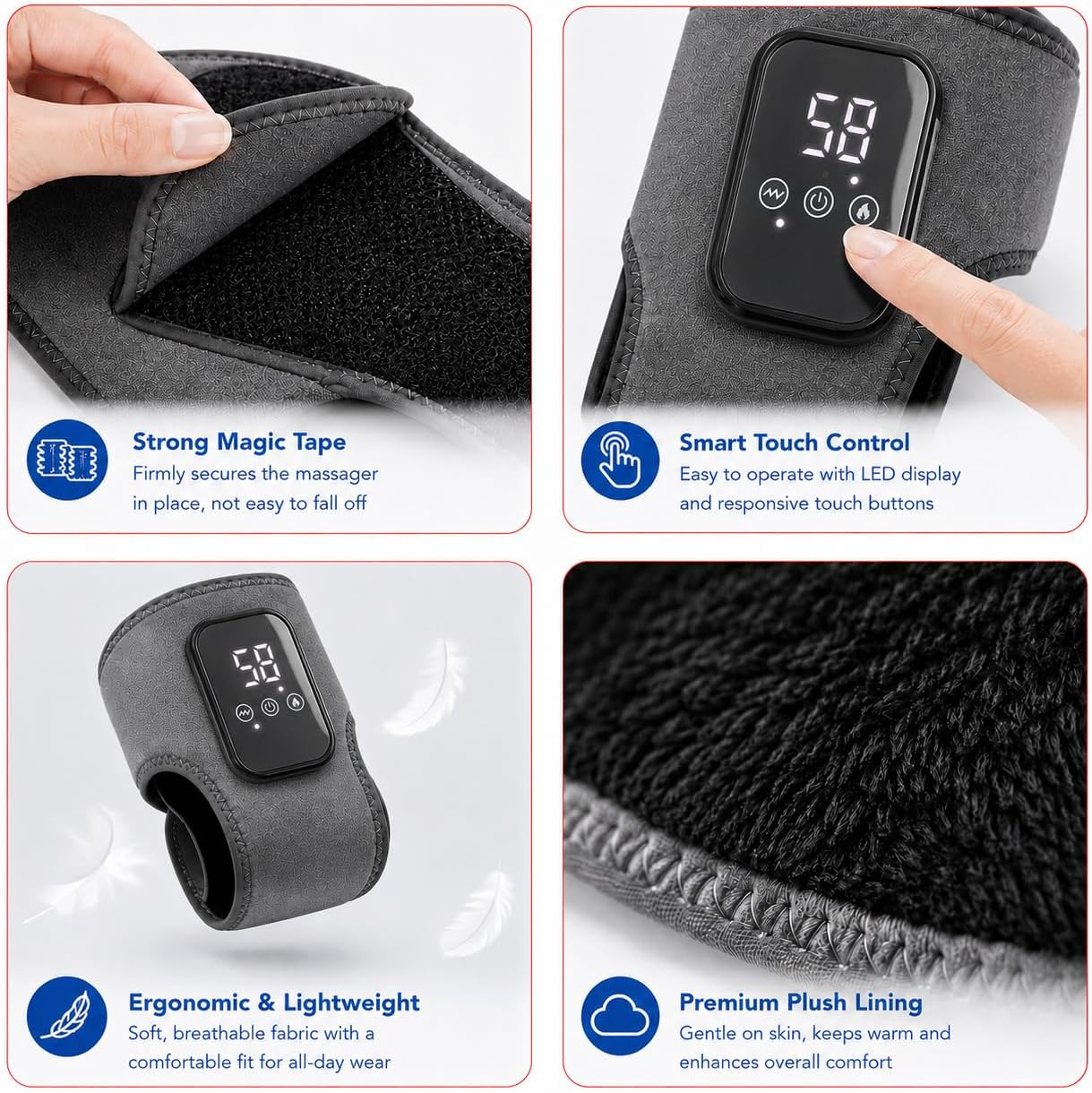 Graues Massagegerät mit LED-Display und Touch-Bedienung, weichem Futter.