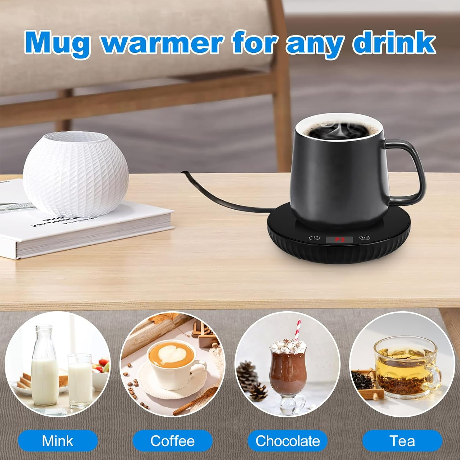 Tassenwärmer mit einer schwarzen Tasse Kaffee, unten vier Kreise: Milch, Kaffee, Schokolade, Tee.