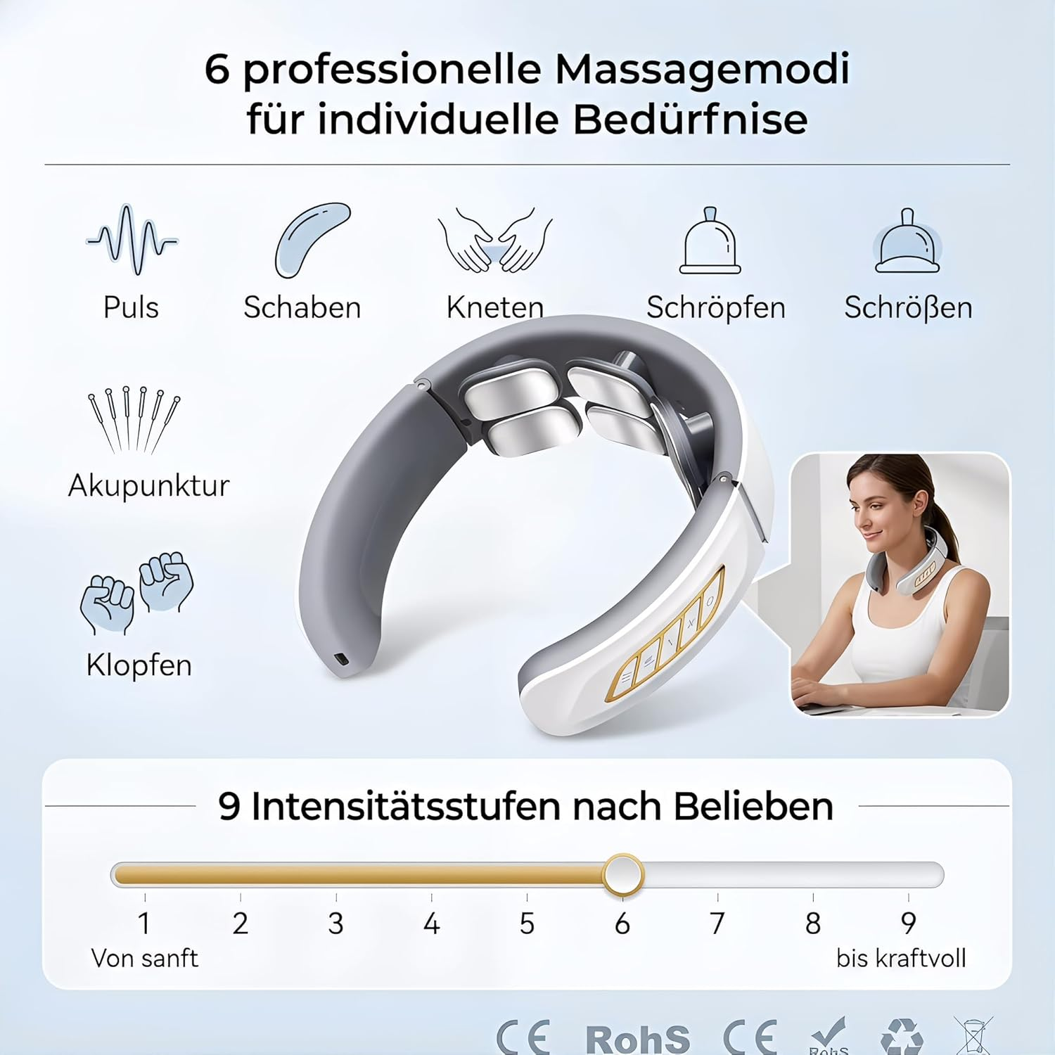 Ein Nackenmassagegerät mit sechs Modi und neun Intensitätsstufen.