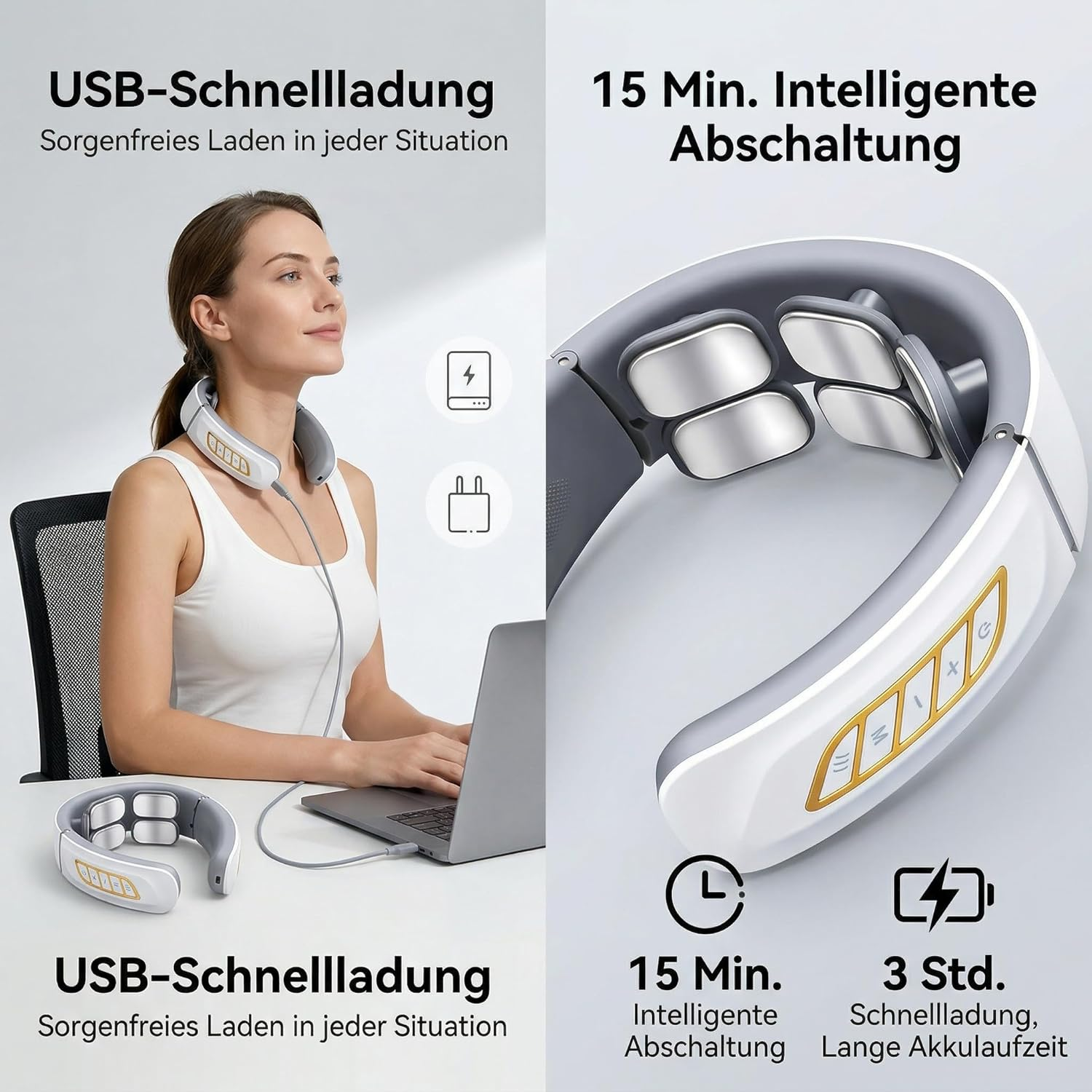 Frau mit Nackenmassagegerät, das an Laptop angeschlossen ist; Gerät mit Funktionen.
