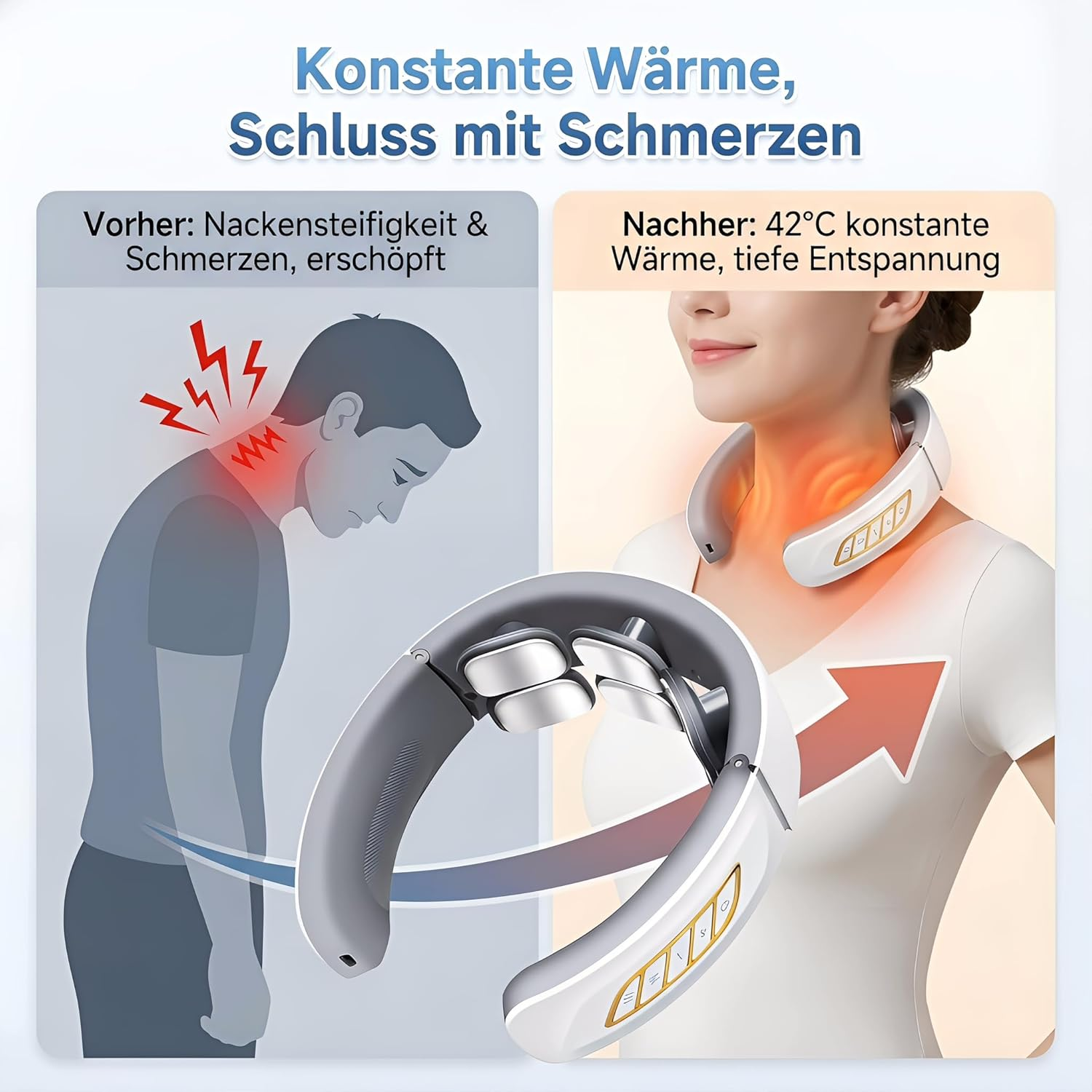 Vorher: Nackensteifigkeit & Schmerzen. Nachher: 42°C Wärme & Entspannung.