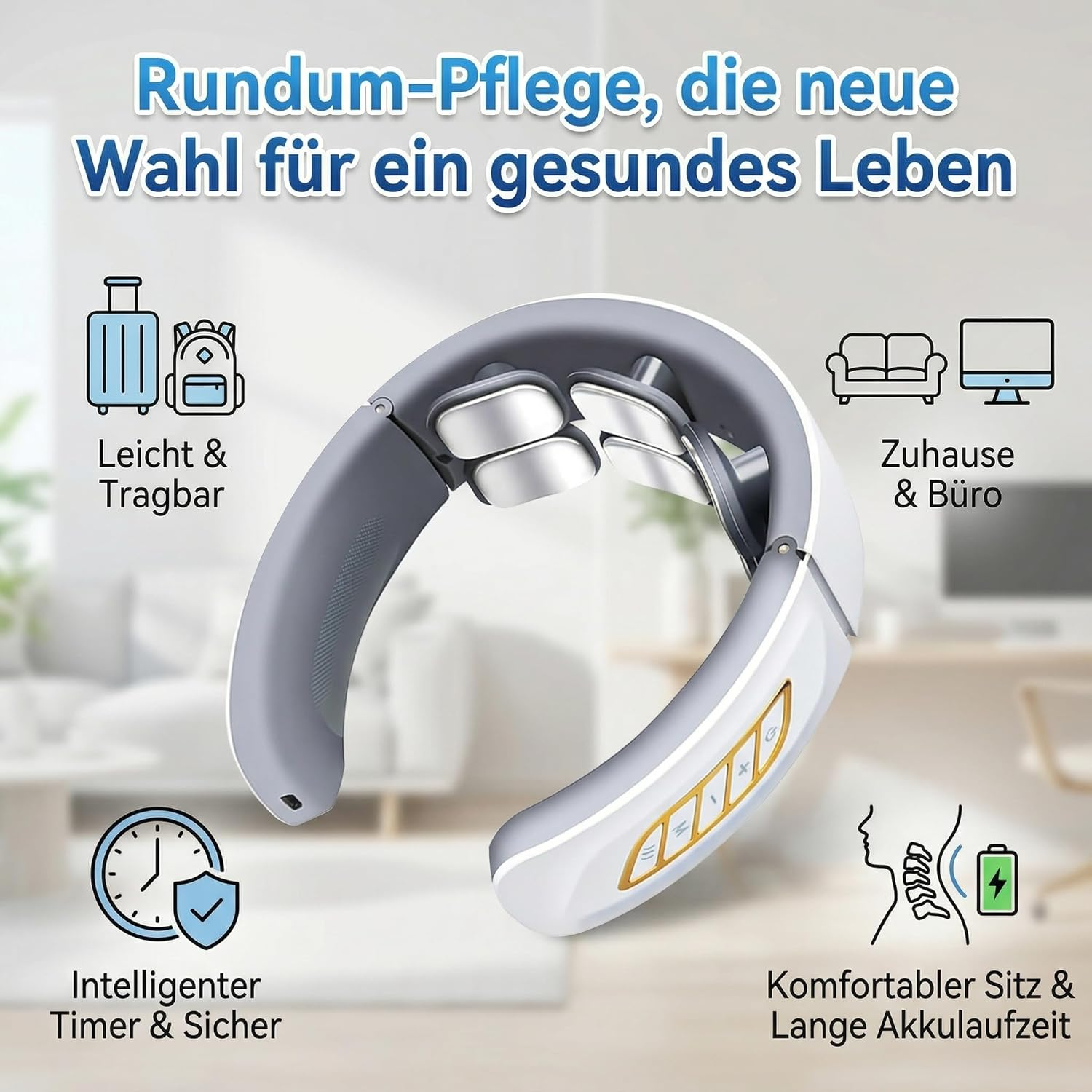 Ein Nackenmassagegerät mit Symbolen für Reisen, Zuhause, Timer und Akku.