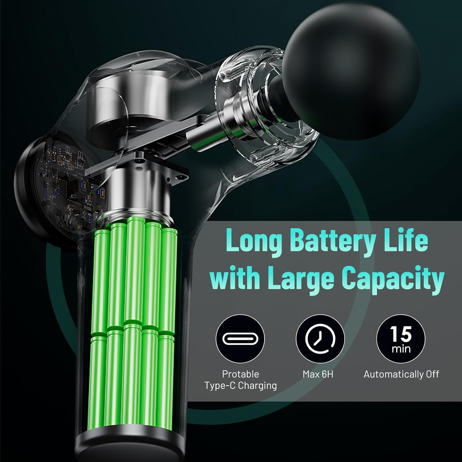 Massagepistole mit internen grünen Batterien, USB-C-Laden, 6 Std. max. Nutzung, Auto-Off.