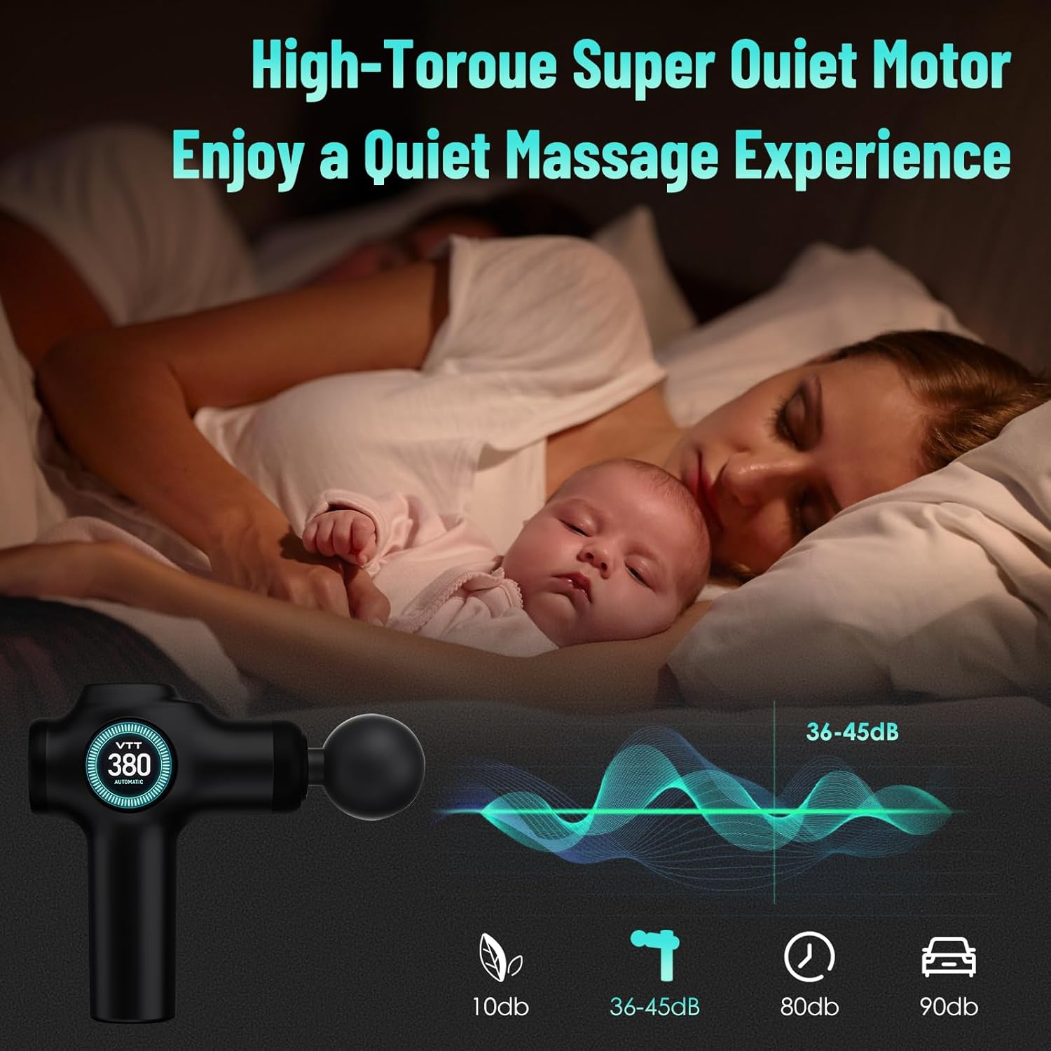 Eine Frau und ein Baby schlafen friedlich. Eine Massagepistole wird mit Geräuschpegelanzeigen gezeigt.