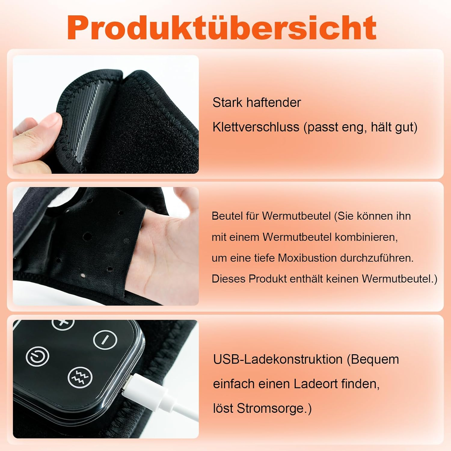 Produktübersicht mit Klettverschluss, Beutel und USB-Ladeanschluss.
