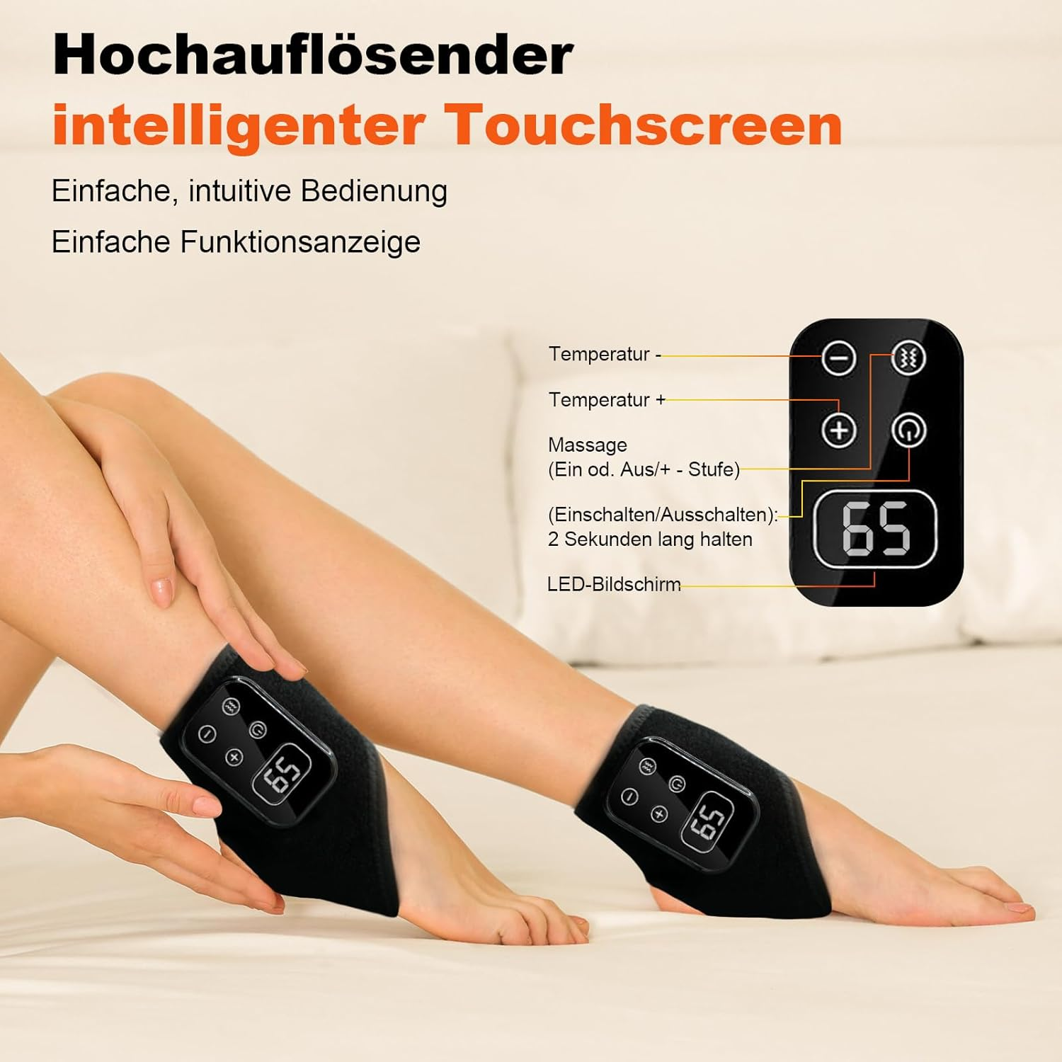 Nahaufnahme eines Beins mit einem schwarzen Heizkissen am Knöchel. Es gibt eine Fernbedienung.
