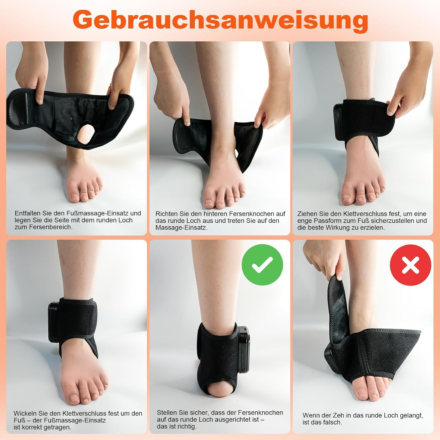 Anleitung zeigt, wie man eine Knöchelbandage trägt. Schritt-für-Schritt-Bilder zeigen Platzierung und Befestigung.