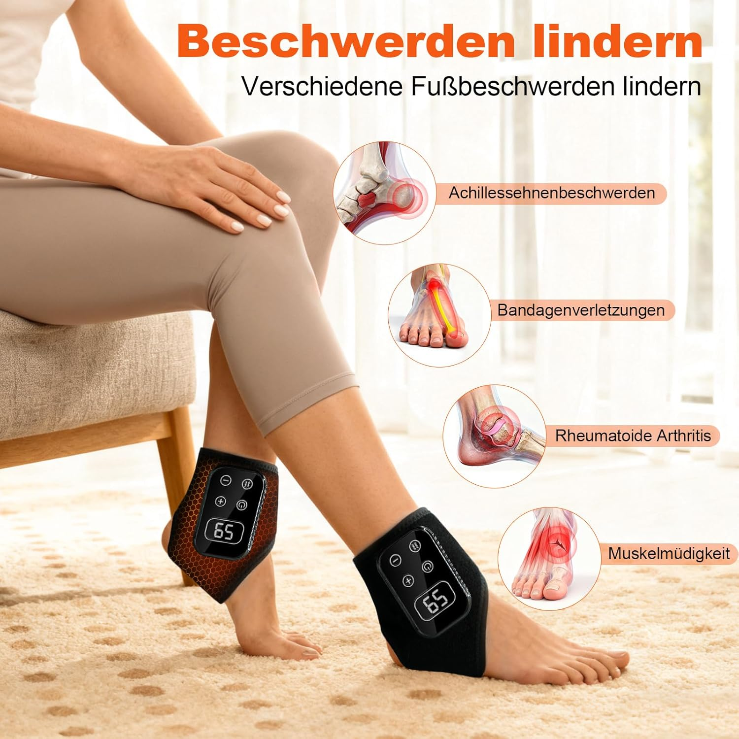 Frau mit Heizbandage am Knöchel, die Achillessehnenprobleme lindert.
