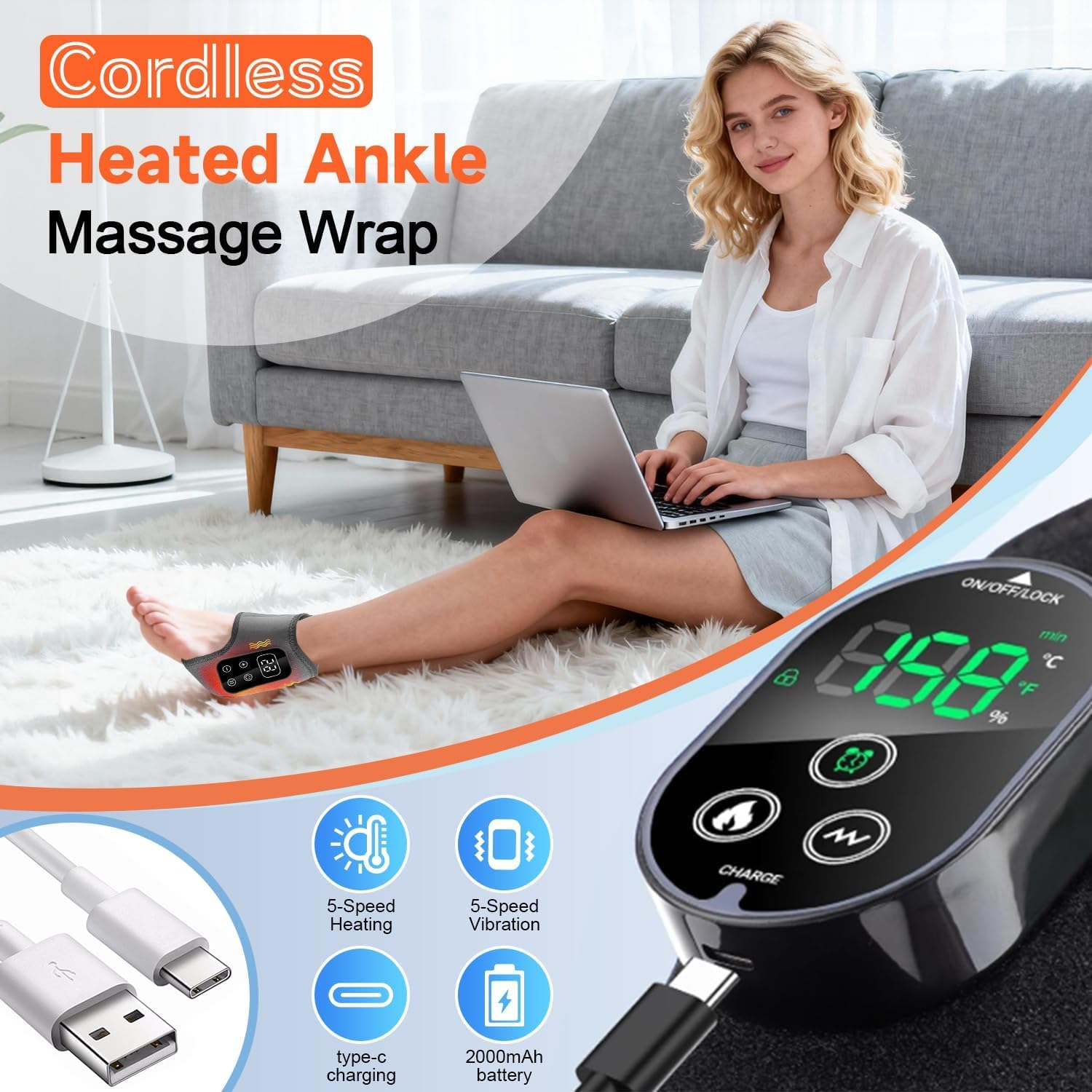 Kabelloser beheizter Knöchel-Massagegerät mit Digitalanzeige, USB-C-Aufladung und einer Frau, die einen Laptop benutzt.
