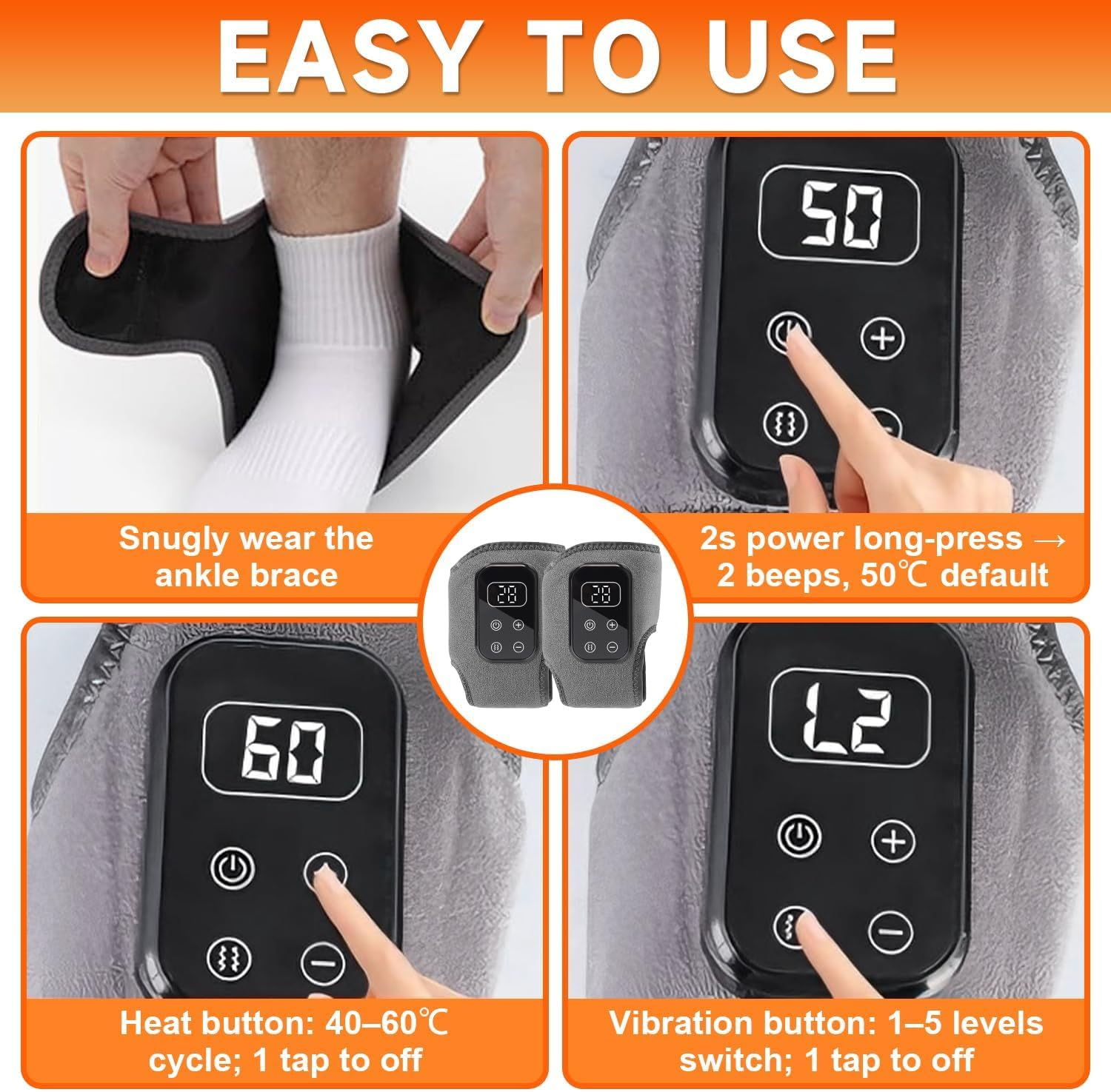 Anleitung für eine Heiz- und Vibrationsbandage: Anlegen, Einschalten, Temperatur und Stufen einstellen.