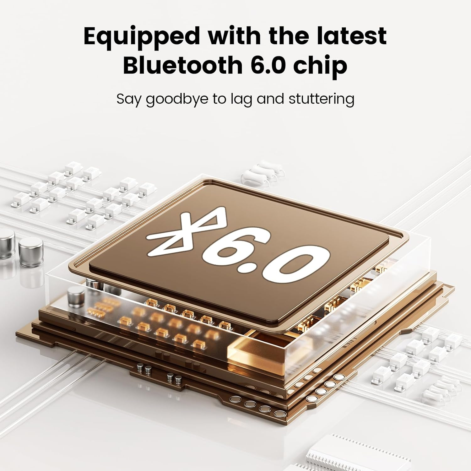 Detailansicht eines Bluetooth 6.0 Chips mit Schichten und Schaltkreisen.