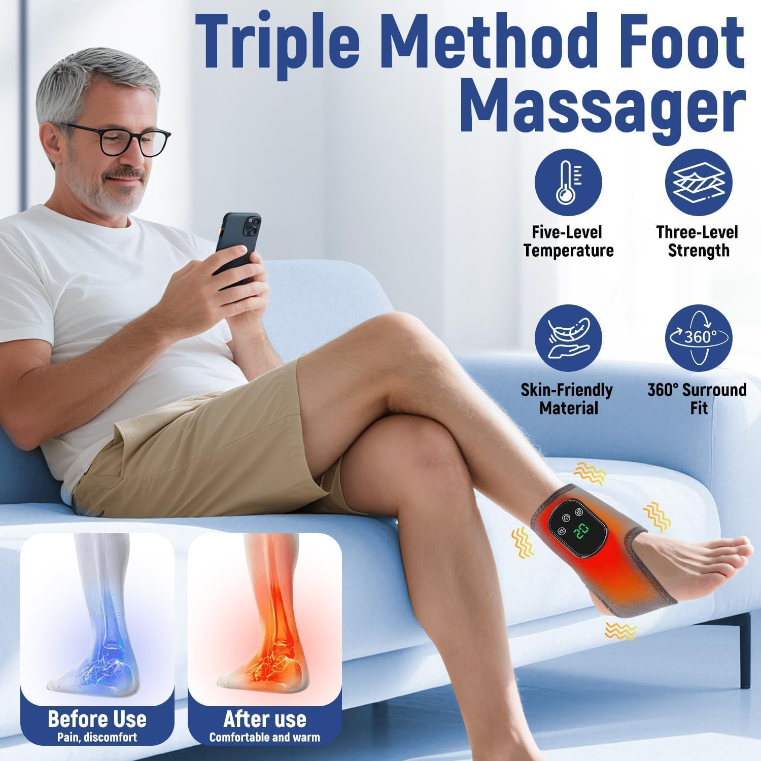 Mann mit Knöchel-Massagegerät, das Wärme und Schmerzbehandlung zeigt.