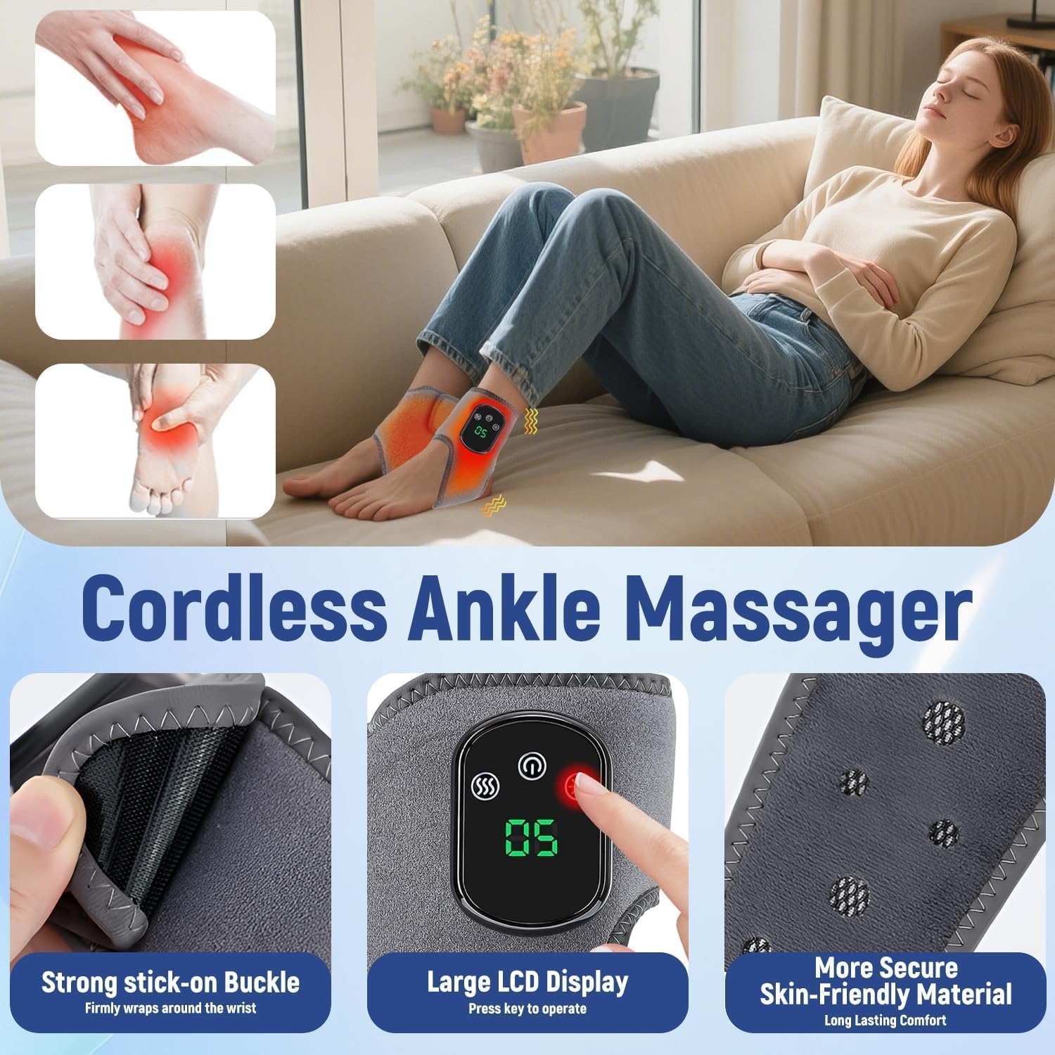 Frau entspannt auf Sofa mit Knöchelmassagegeräten, Nahaufnahmen von Produktmerkmalen.