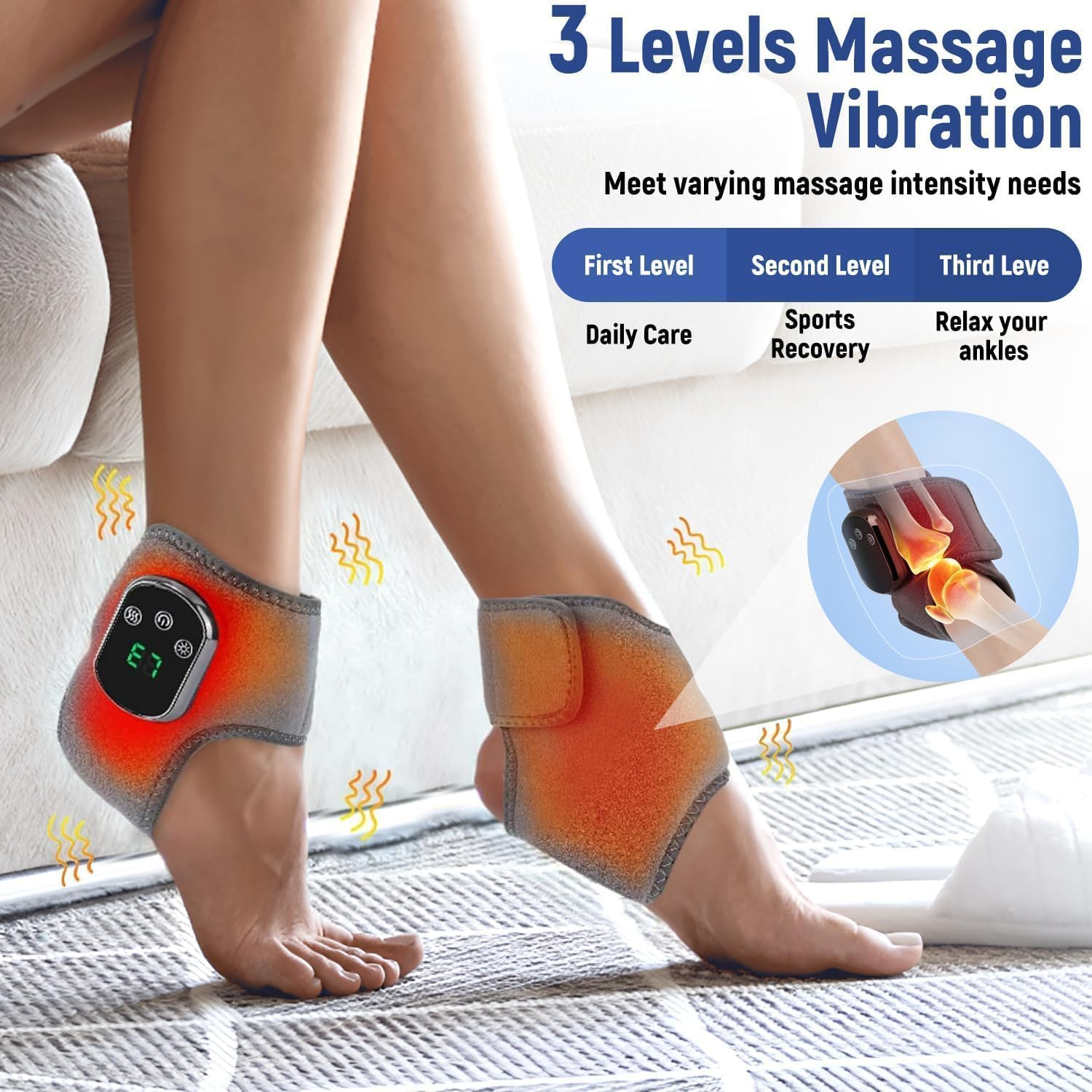 Füße einer Person mit Knöchelmassagegeräten mit leuchtenden Heizzonen und Digitalanzeige.