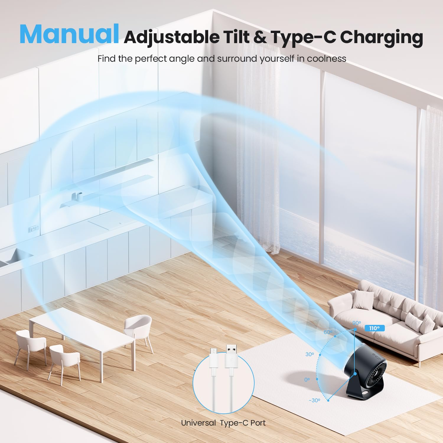 Ein schwarzer Ventilator mit Typ-C-Anschluss auf einem Teppich, der Luft in einen Raum bläst.
