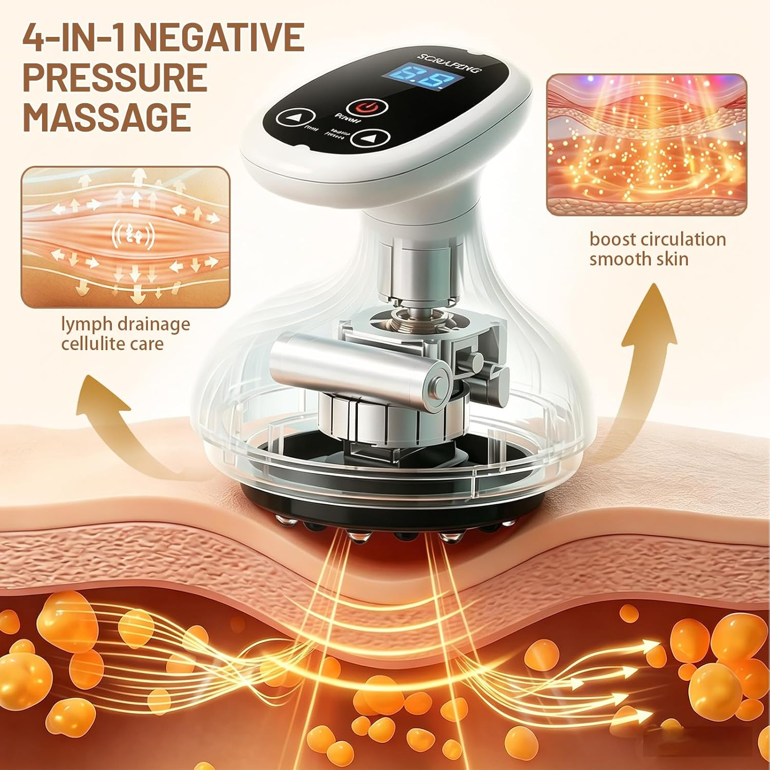 Gerät für 4-in-1-Unterdruckmassage mit Hautpflege- und Durchblutungsdarstellung.