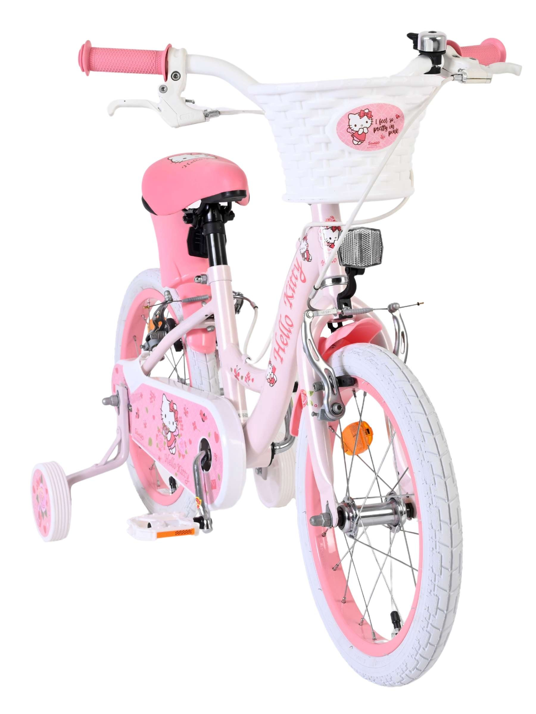 Ein rosa Hello Kitty Kinderfahrrad mit Stützrädern und weißem Korb.