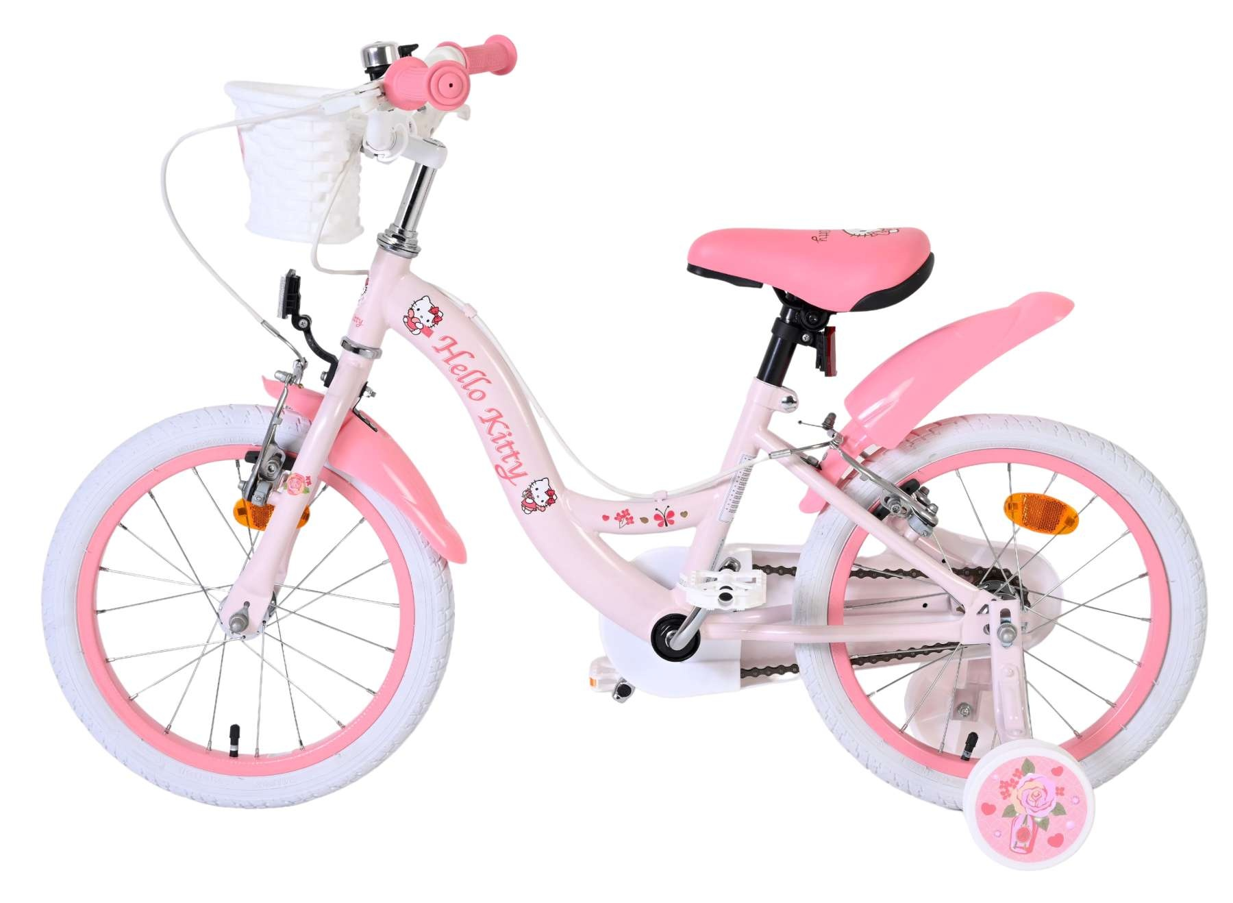 Ein rosafarbenes Hello Kitty-Kinderfahrrad mit weißen Reifen und Stützrädern.
