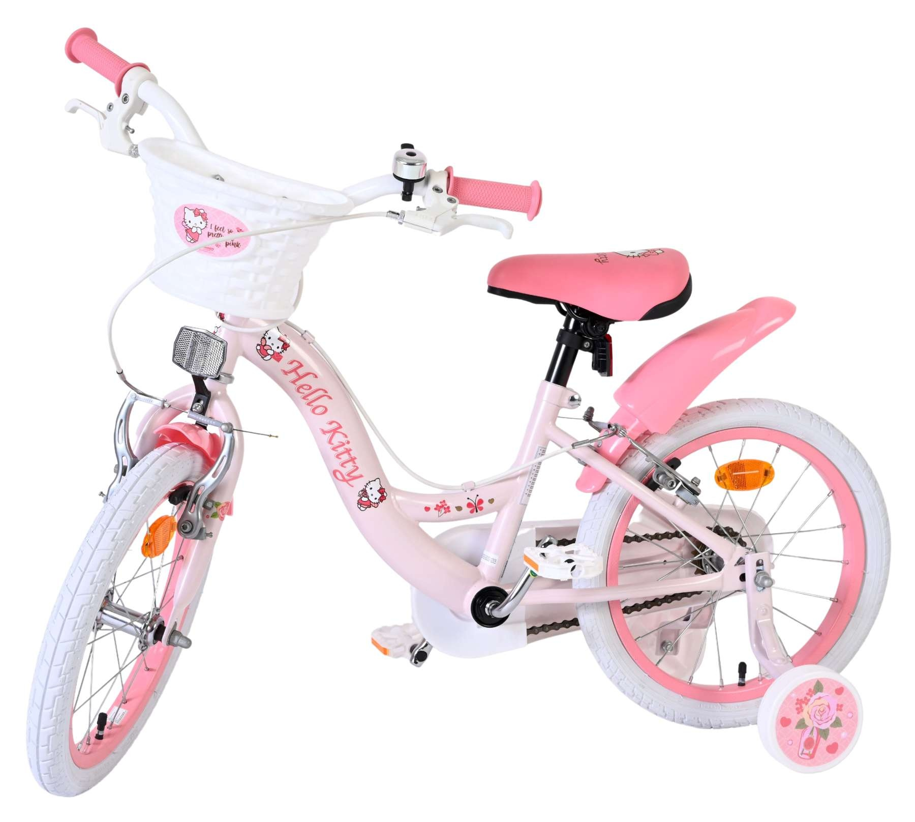 Ein rosafarbenes Hello Kitty-Kinderfahrrad mit Stützrädern, weißer Vorder- und pinker Hinterfelge.