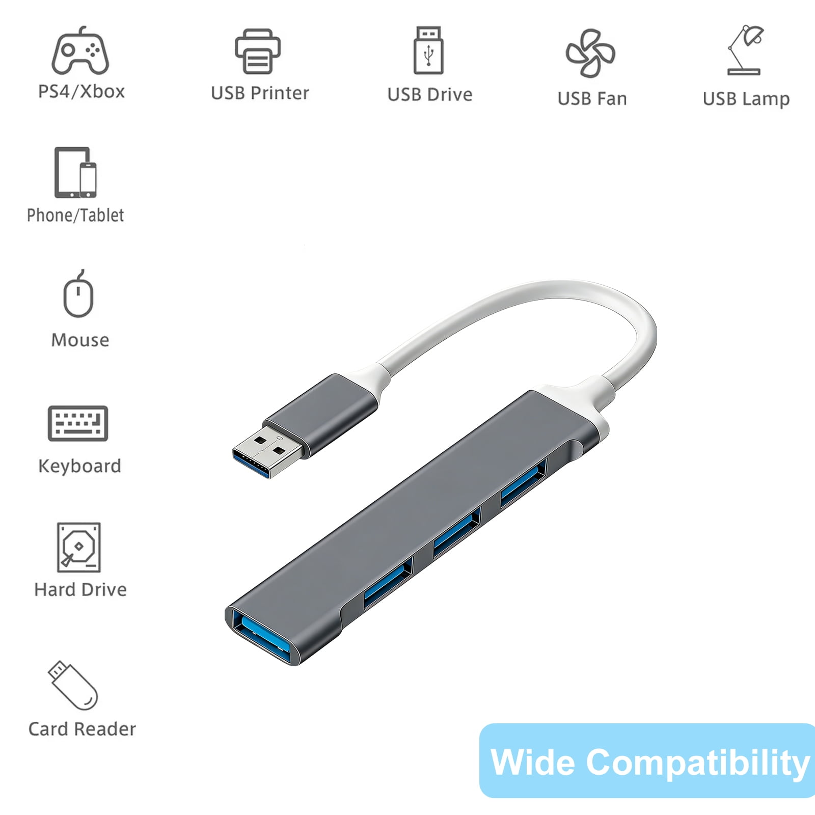 Ein grauer USB-Hub mit vier Anschlüssen und einem weißen Kabel.