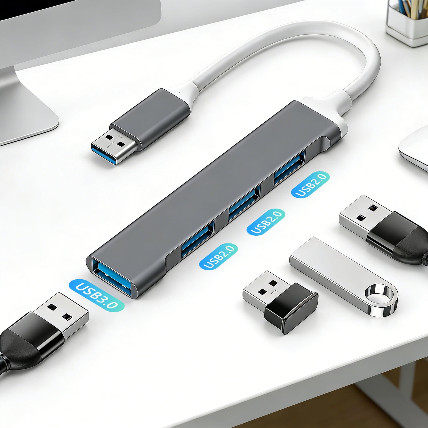 Grauer USB-Hub mit mehreren Anschlüssen, verbunden mit einem USB-A-Stecker.