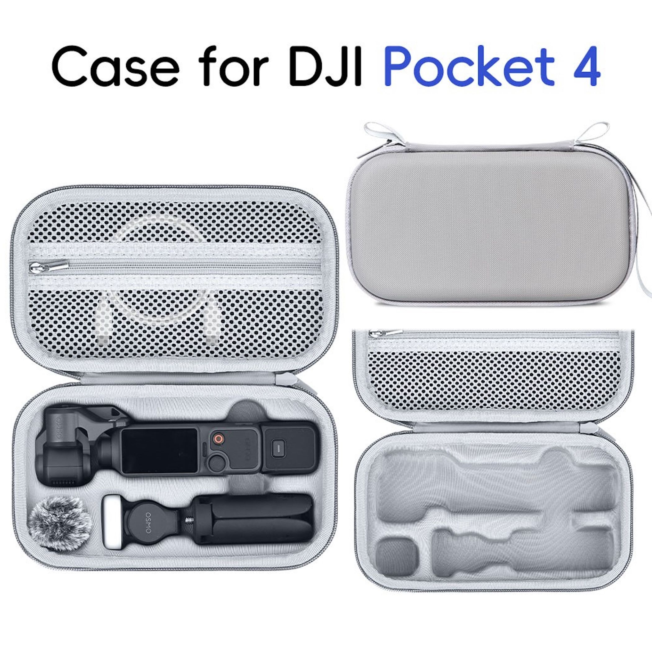 Graue Tasche für DJI Pocket 4 mit Zubehör im Inneren und leer.