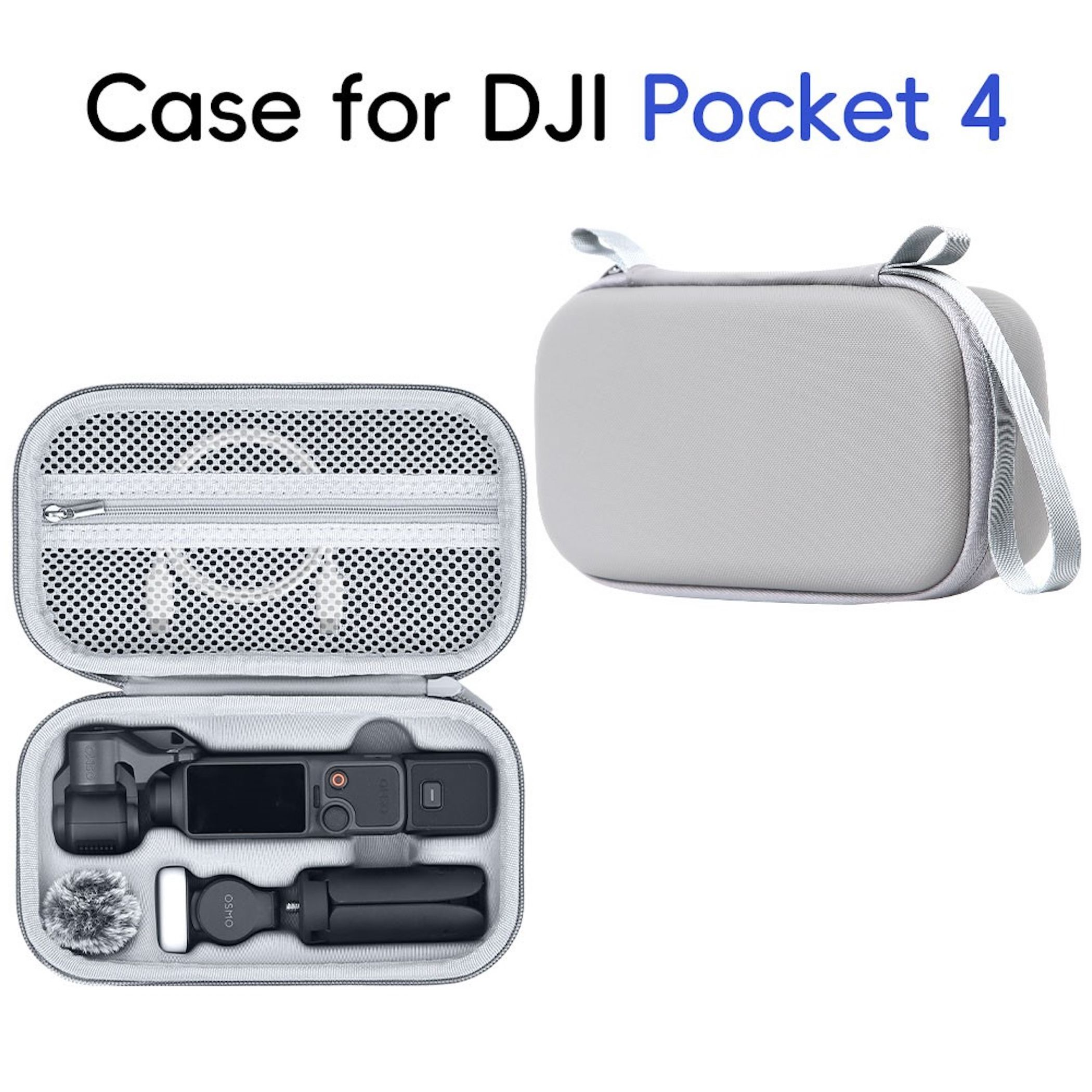 Grauer Koffer für DJI Pocket 4, geöffnet mit Kamera, Mikrofon und Kabeln.