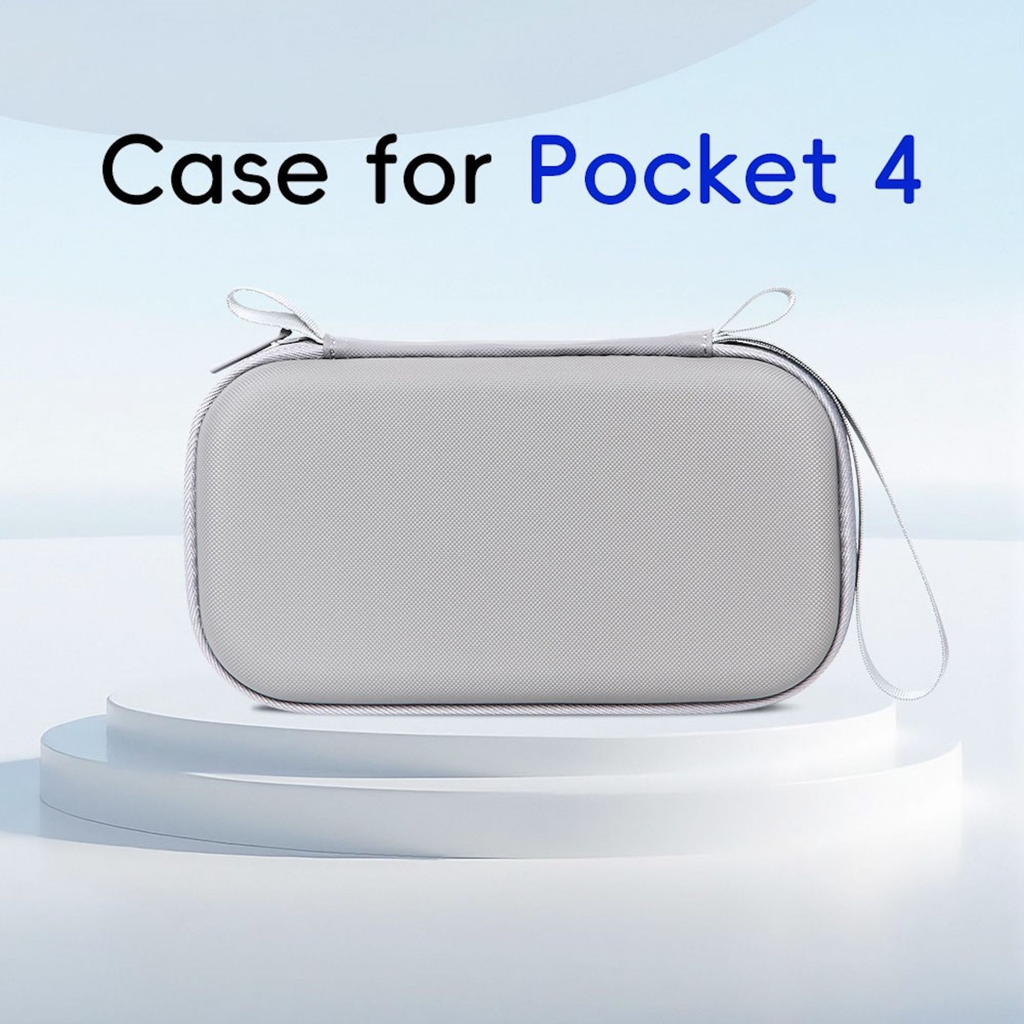 Graue Tasche mit Reißverschluss auf weißen Stufen, Text 'Case for Pocket 4'.