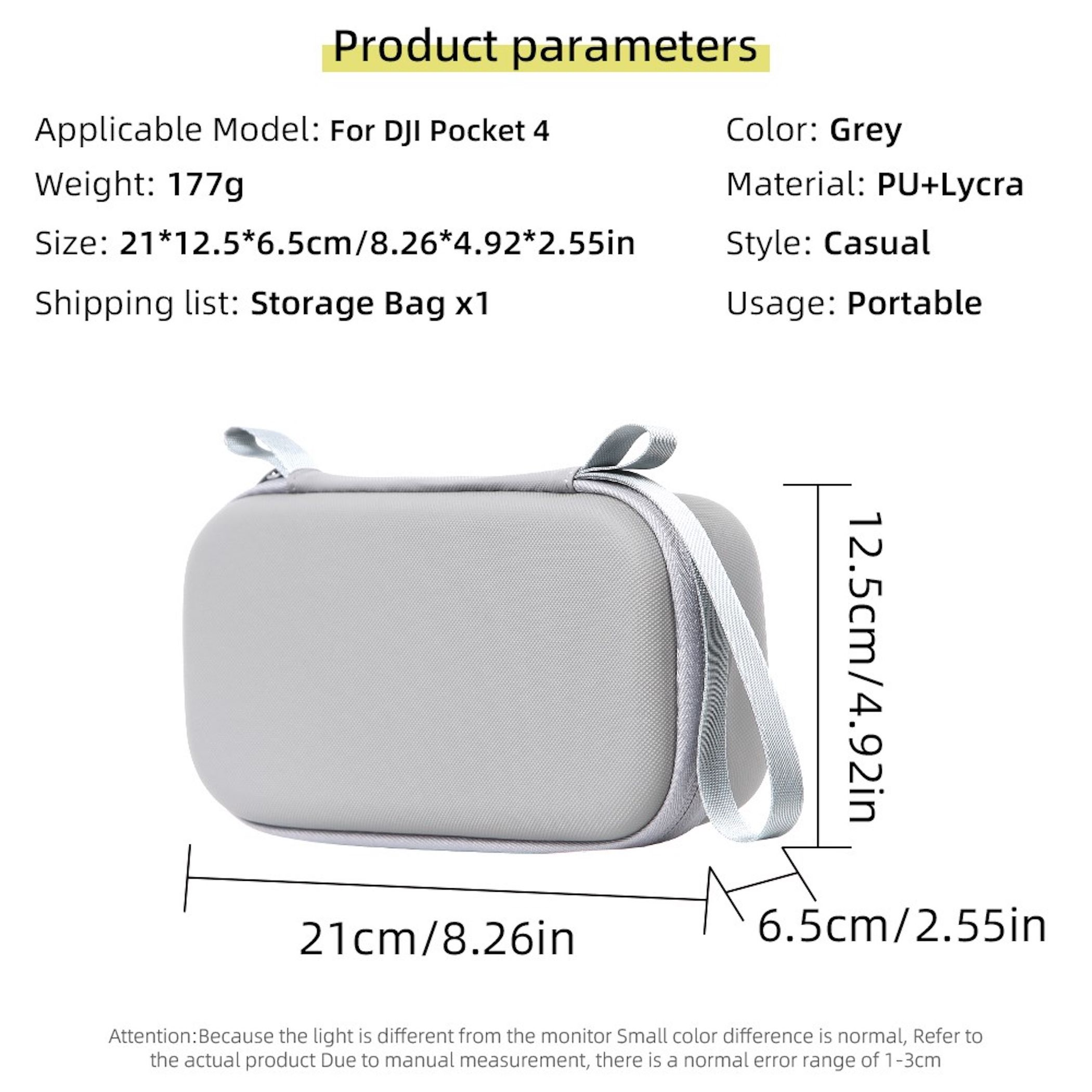 Graue DJI Pocket 4 Aufbewahrungstasche aus PU+Lycra, Maße 21x12.5x6.5cm.