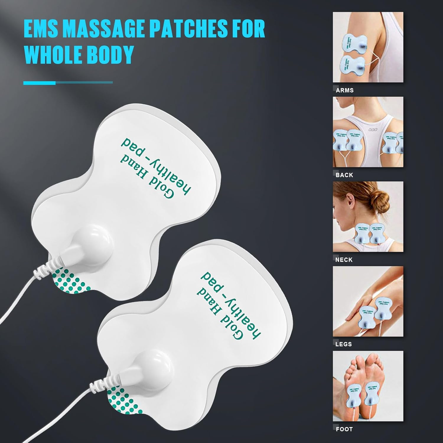 Weiße EMS-Massagepads mit grüner Schrift auf dunklem Hintergrund, zeigen Anwendungsbereiche.