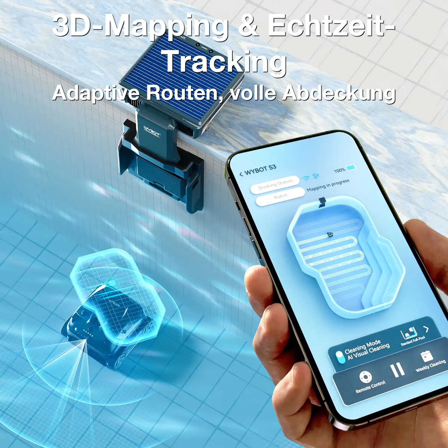 Ein Smartphone zeigt eine Poolreinigungs-App mit einer Karte. Ein Poolroboter ist angedockt.
