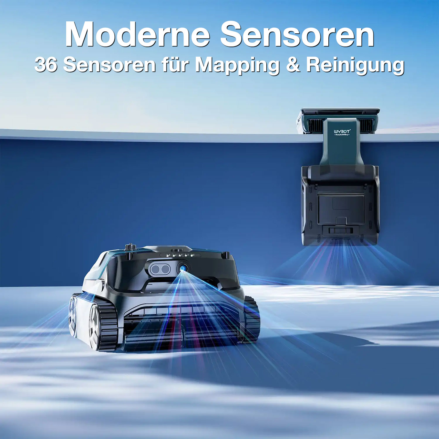 Ein Roboterauto mit Sensoren auf einem blauen Hintergrund.