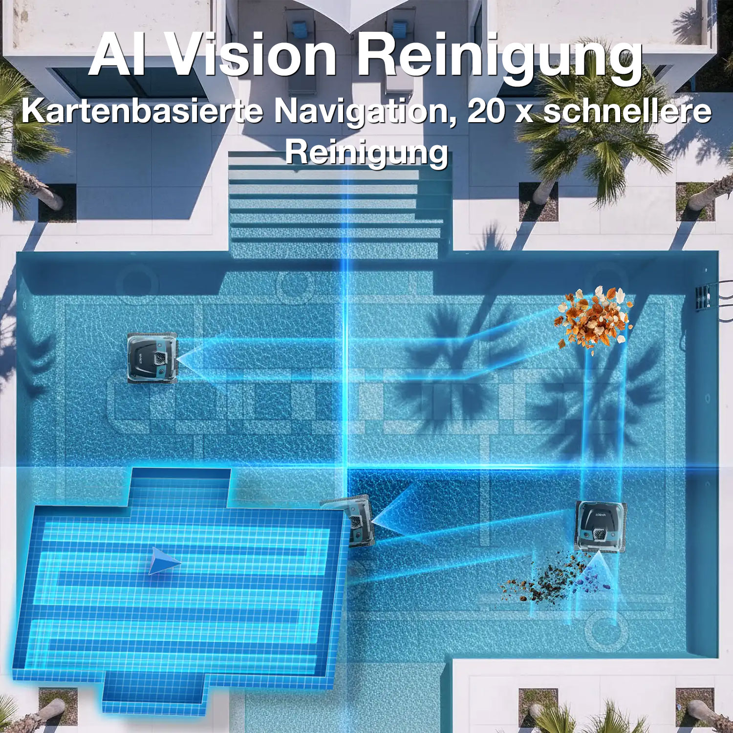 Poolroboter reinigen einen Pool mit KI-Navigation und blauen Lichtstrahlen.