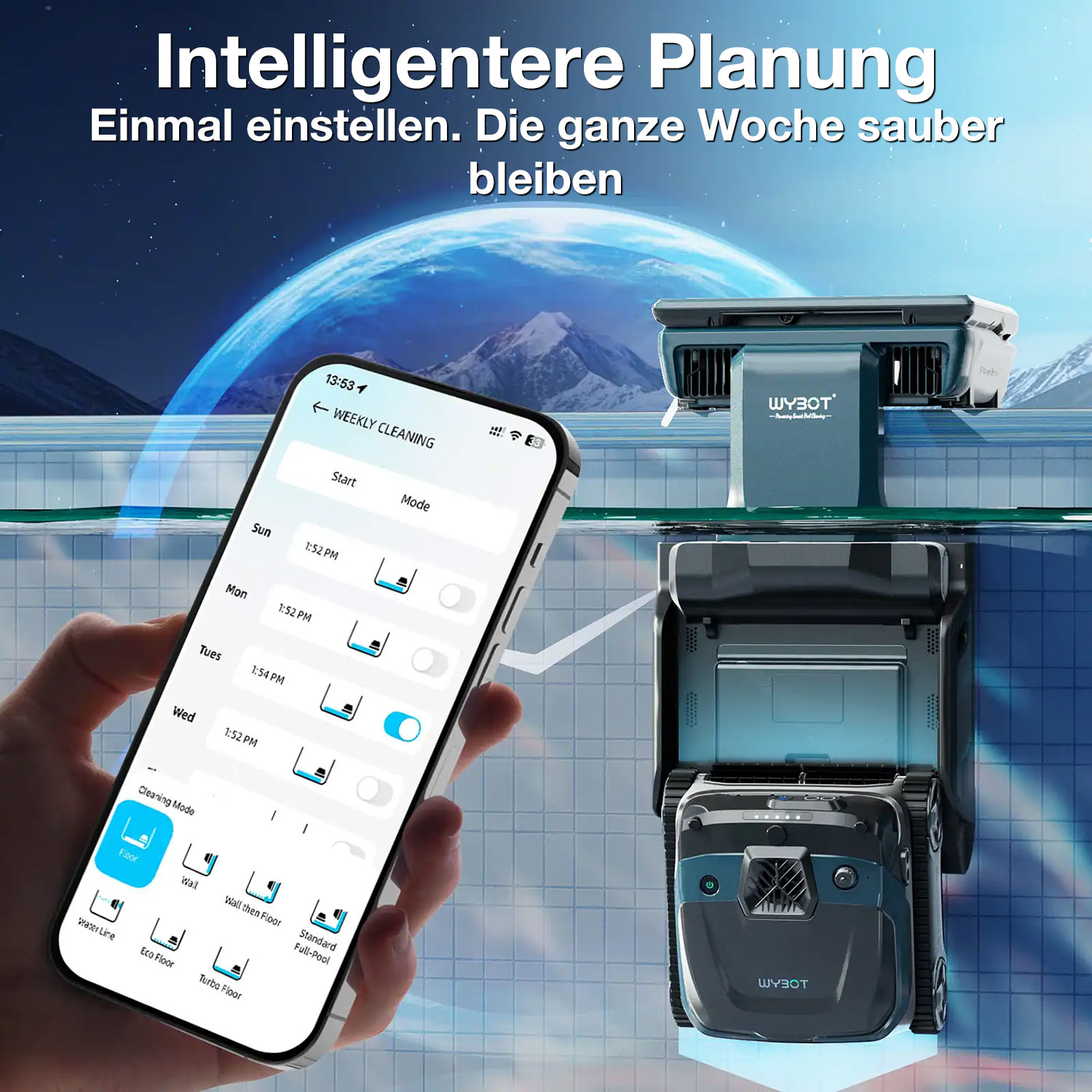 Ein Saugroboter auf einer Glasoberfläche, gesteuert über eine App auf einem Smartphone.
