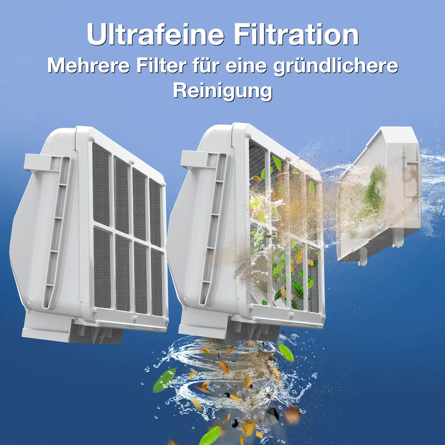 Drei Filter zeigen feine Filtration und gründliche Reinigung von Schmutz.