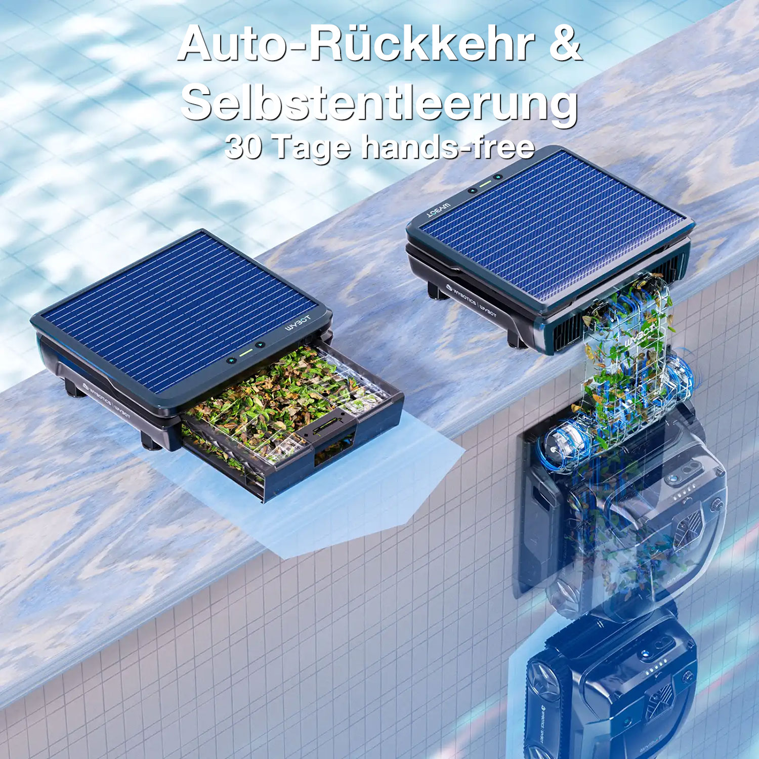 Poolroboter mit Solarpanel sammelt Laub. Ein zweiter entleert sich.