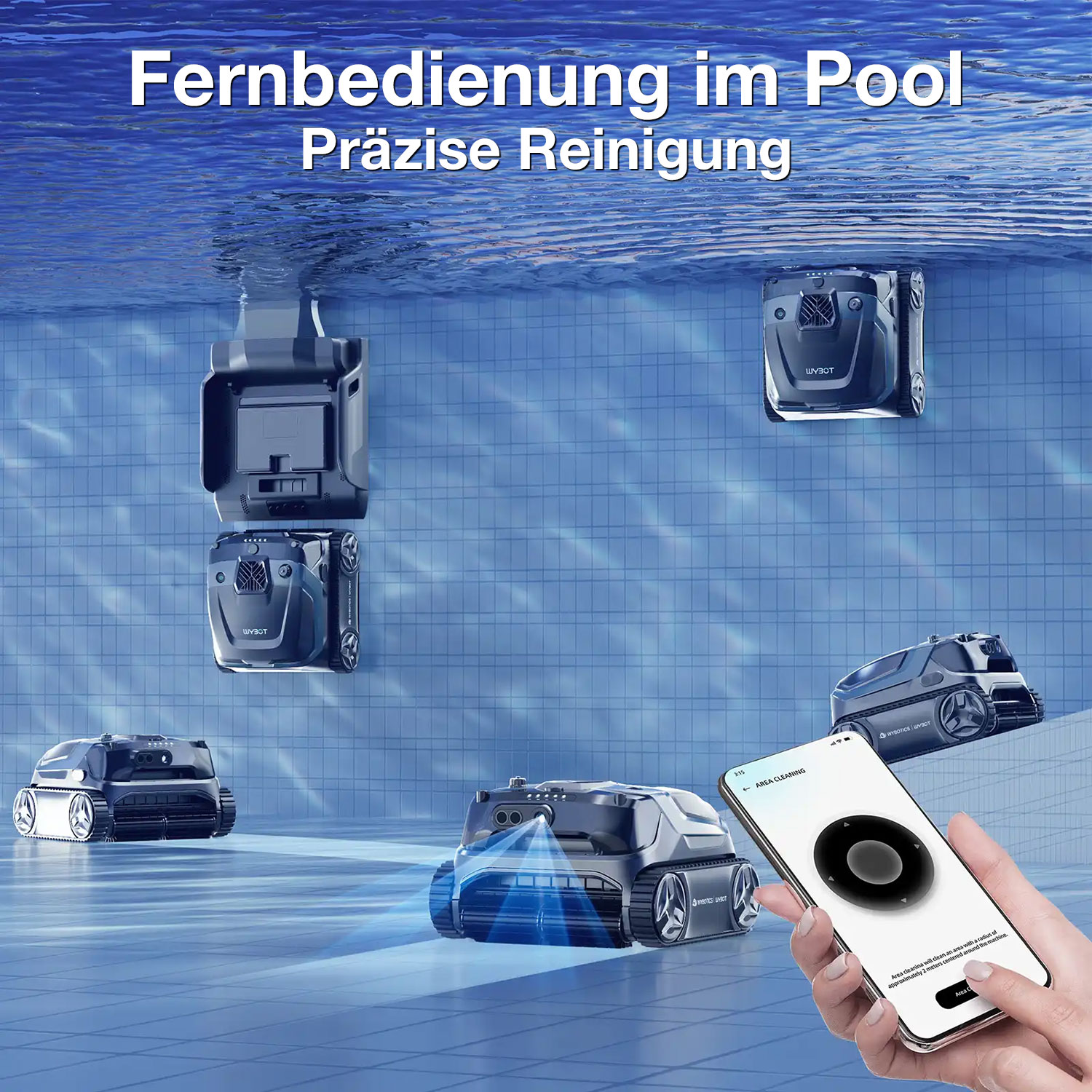 Poolroboter werden per App gesteuert. Mehrere Roboter sind im Pool zu sehen.