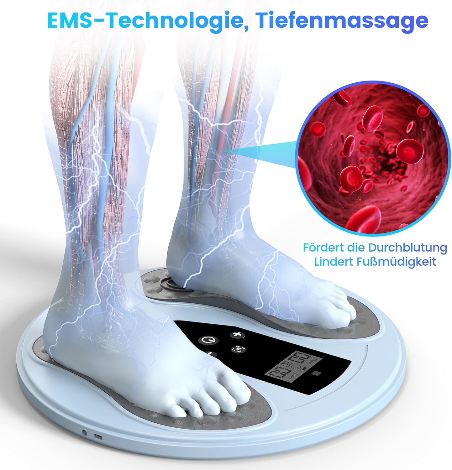 EMS-Technologie mit Darstellung von Blutgefäßen und Füßen auf einem Gerät.