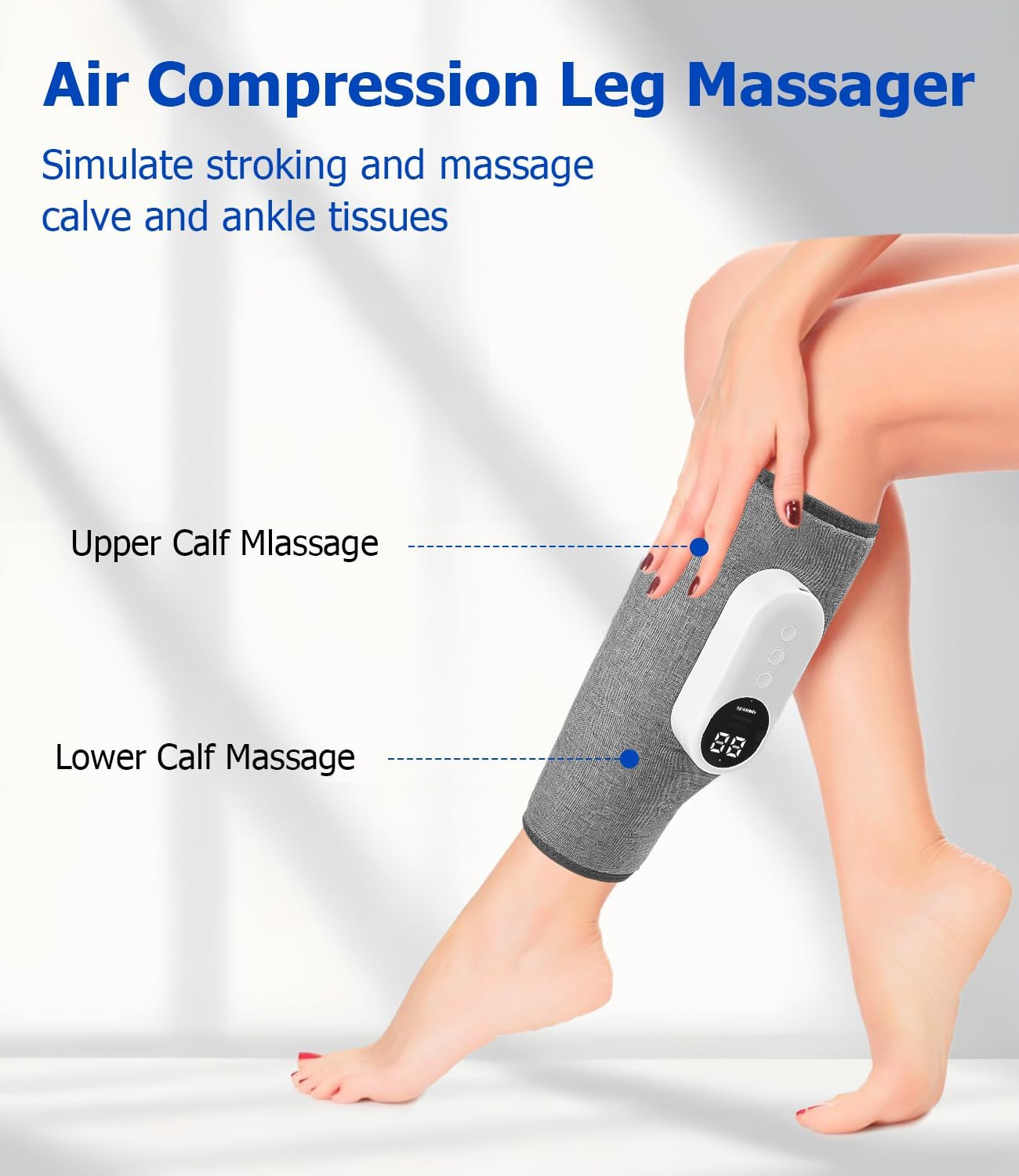 Beinmassagerät mit Luftkompression umhüllt ein Bein, mit Steuergerät.