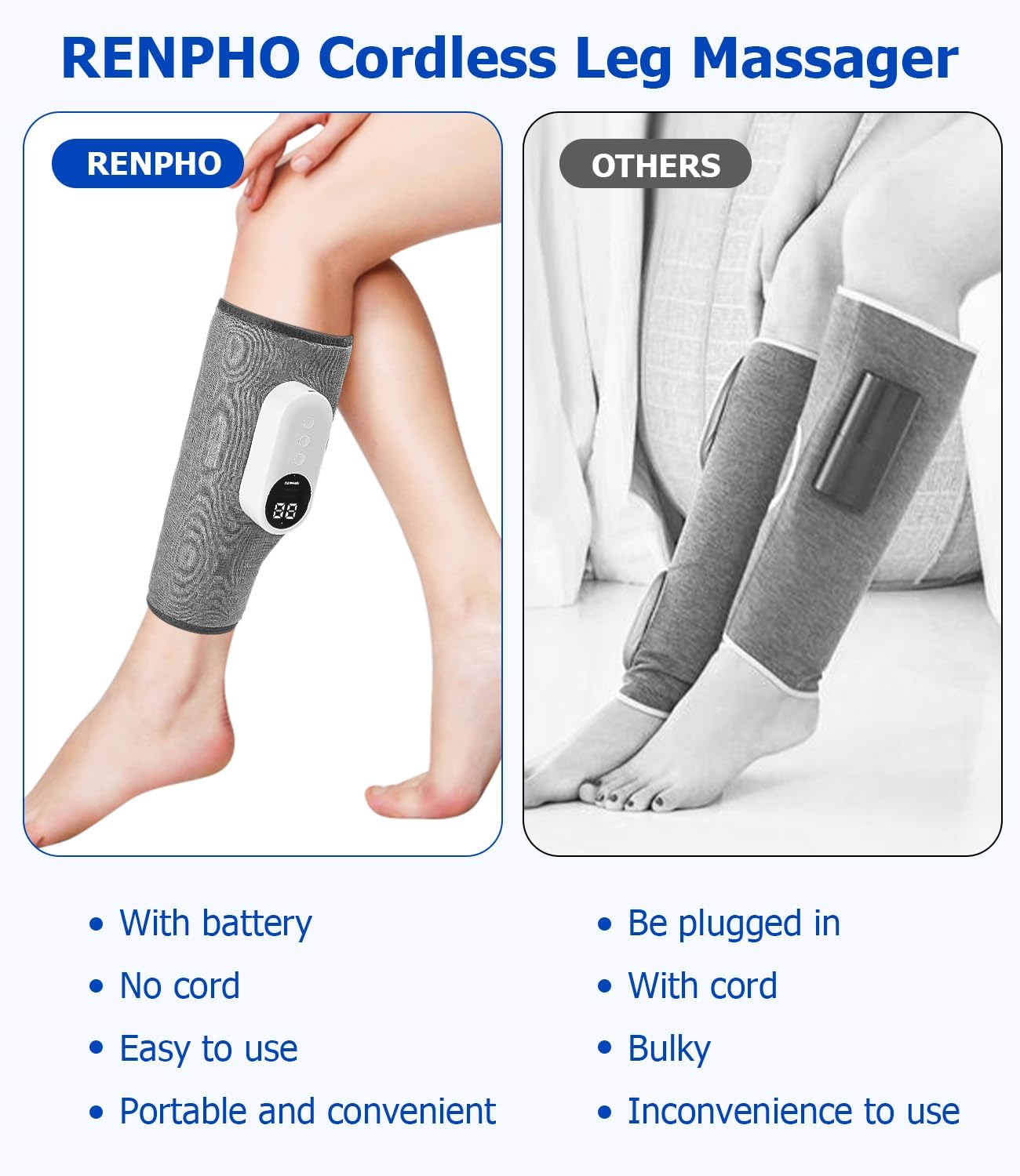 Vergleich von RENPHO kabellosem Beinmassagegerät mit anderen, mit/ohne Kabel.