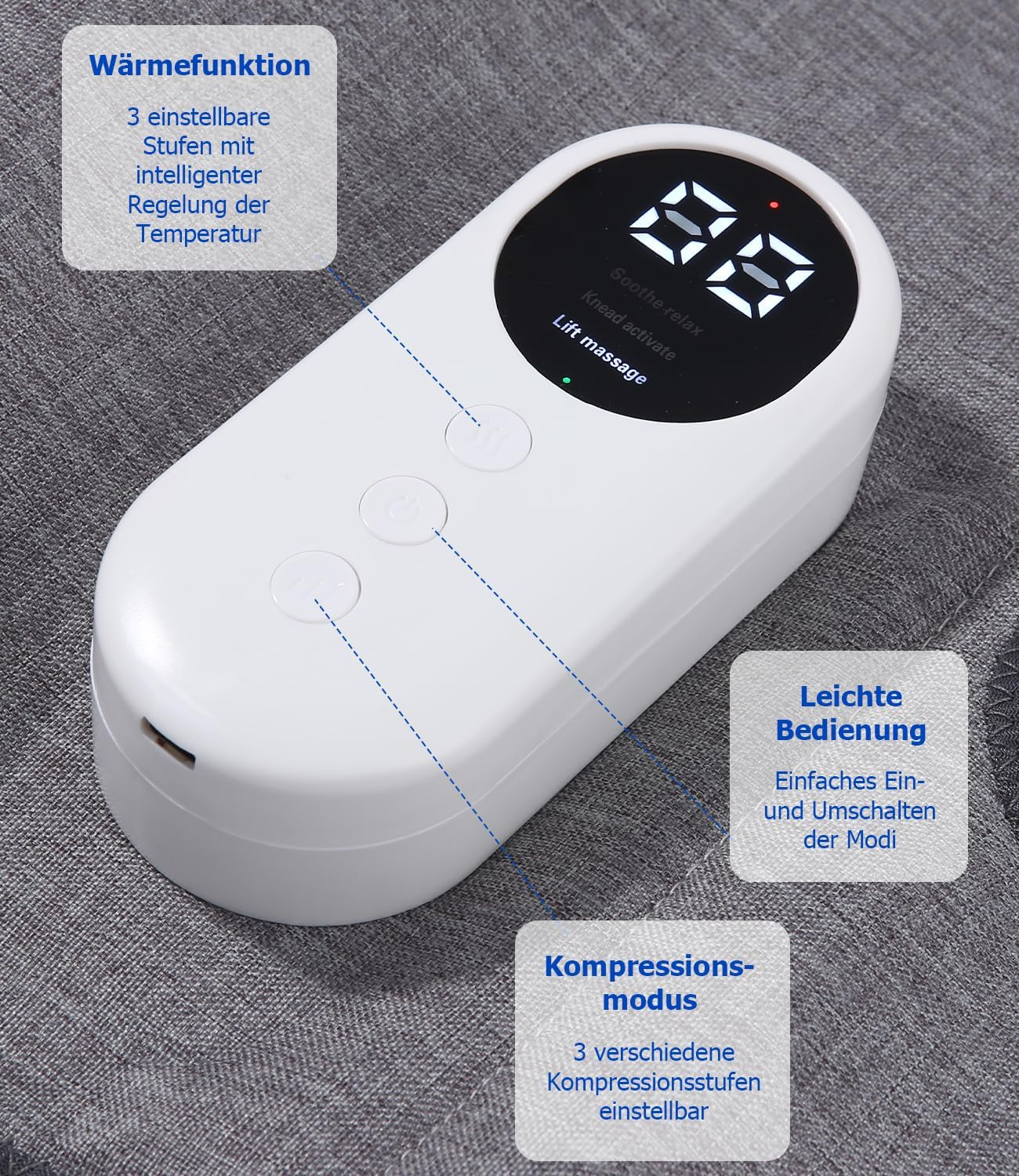 Ein weißes Massagegerät mit digitaler Anzeige, Tasten und deutschen Beschriftungen.